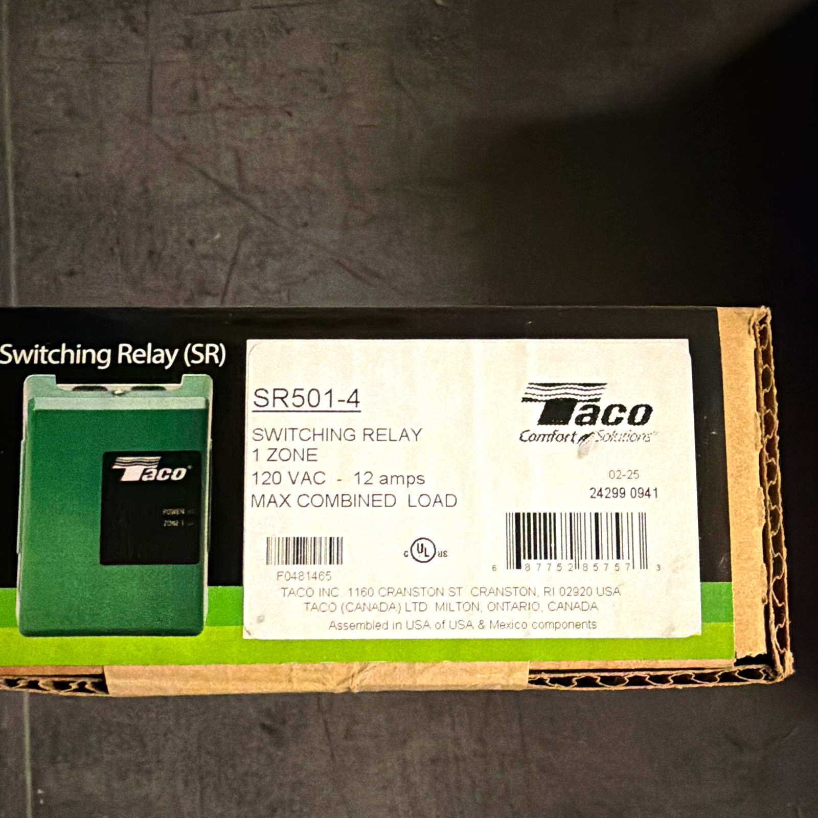 Taco SR501-4 Switching Relay 1 Zone 120 VAC 12A, Corded Electric, For Taco