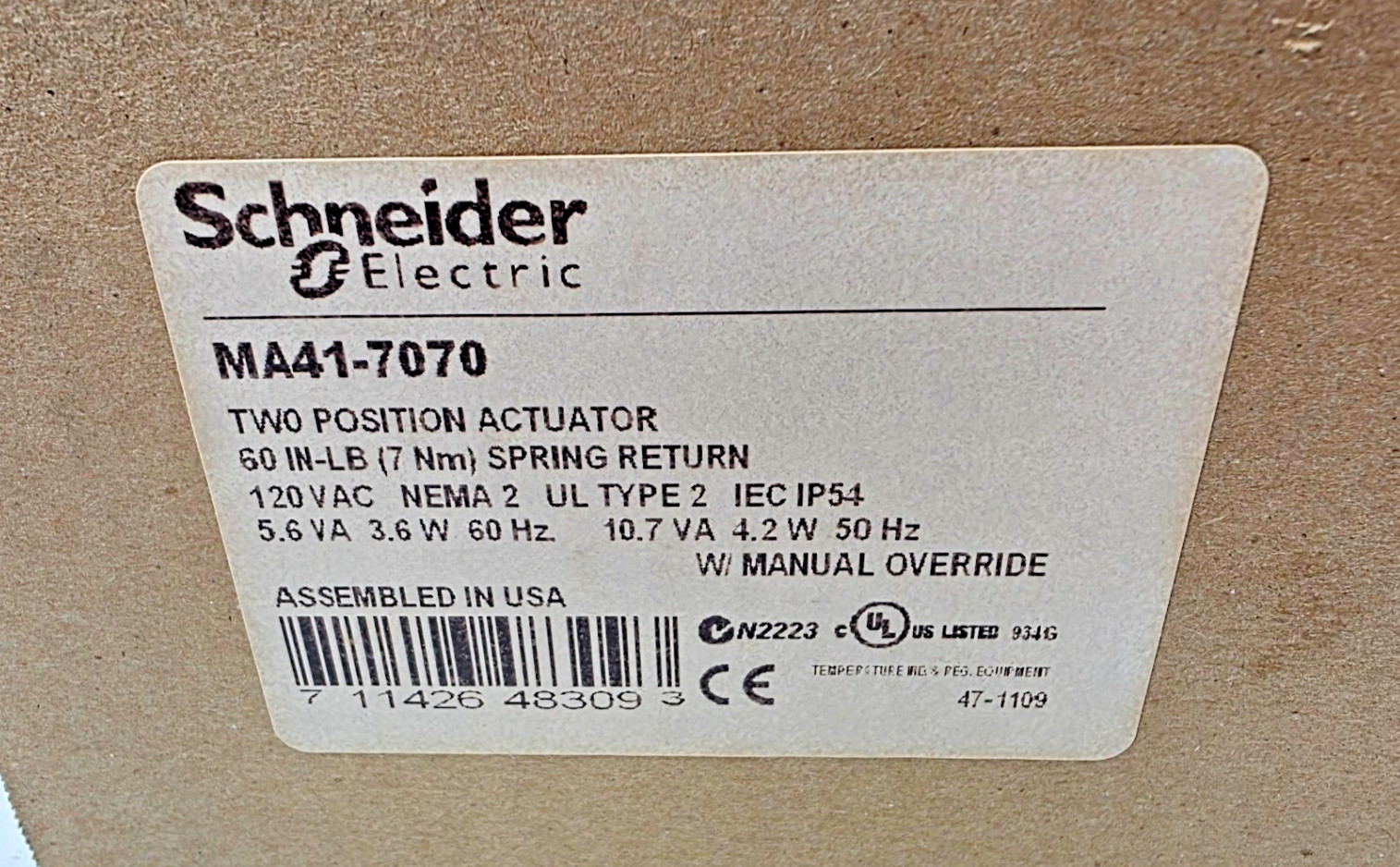 Schneider MA41-7070 Two-Position Actuator 60 IN-LB (7Nm) Spring Return 120VAC