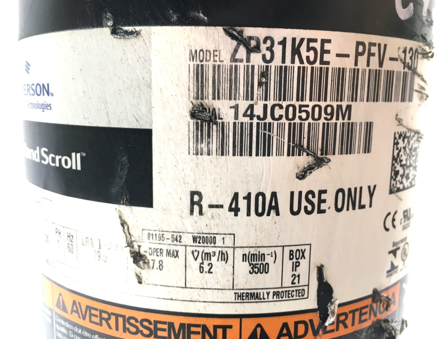 Copeland 2.5 Ton Scroll Compressor ZP31K5E-PFV-130 R410A 208/230V 1 PH used C47