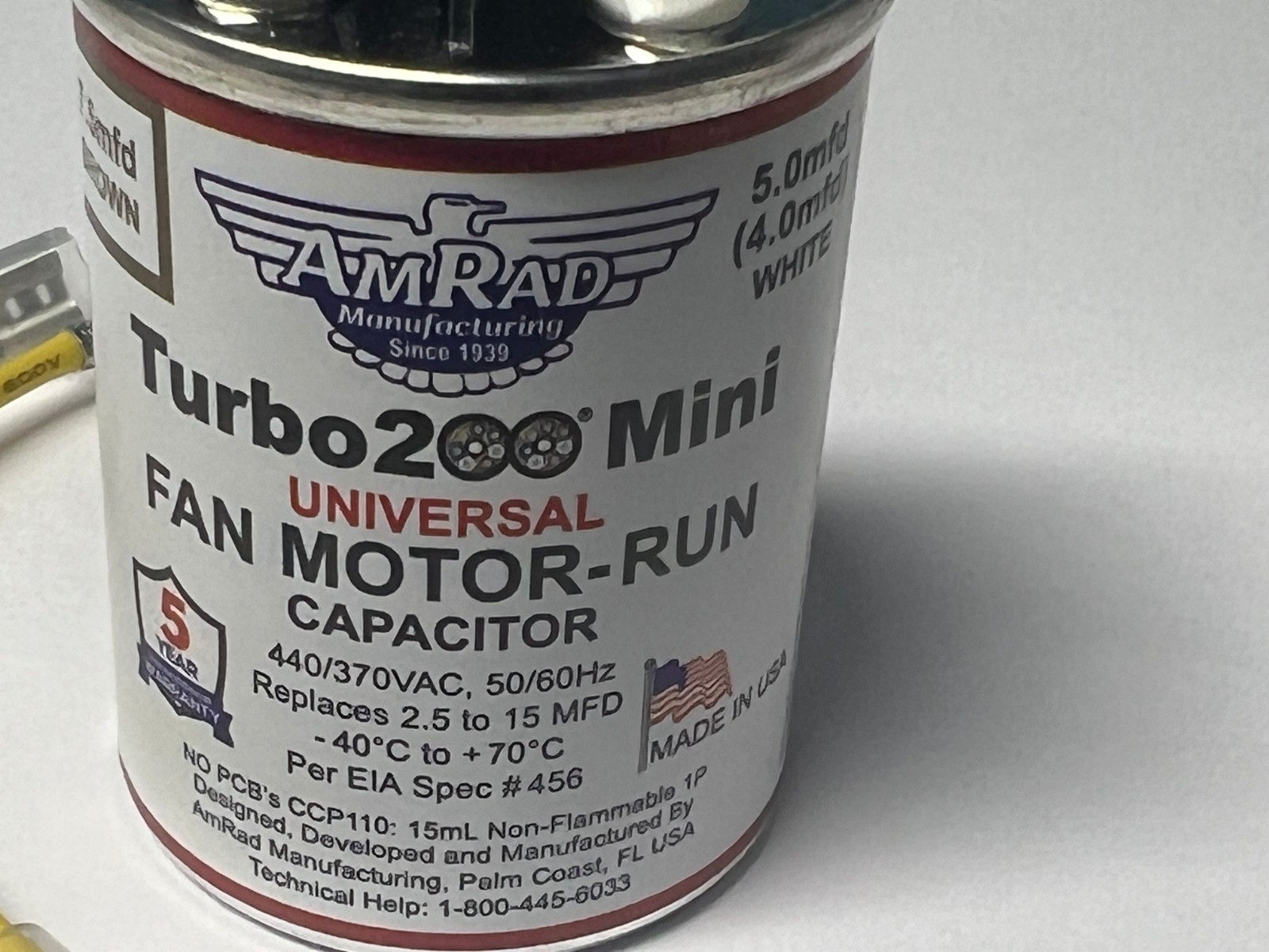 Turbo200 Mini UNIVERSAL FAN MOTOR-RUN CAPACITOR 2.5 TO 15 MFD 440/370VAC