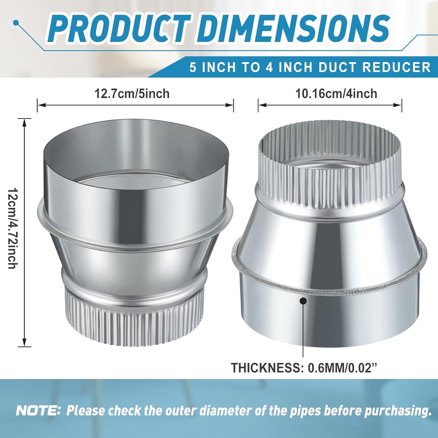 5 Inch to 4 Inch Duct Reducer Increaser Galvanized Steel Air Duct Adapter Round