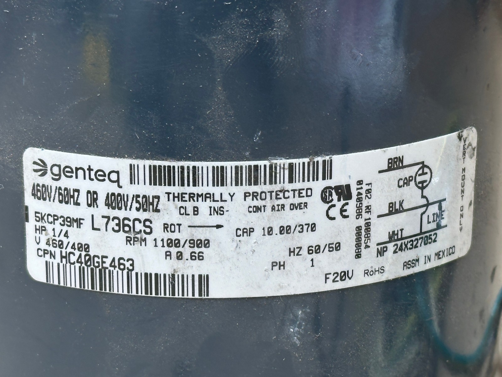 Genteq 5KCP39MF HC40GE463 1/4HP 460/400V 0.66A 1100rpm 1ph Condenser Motor