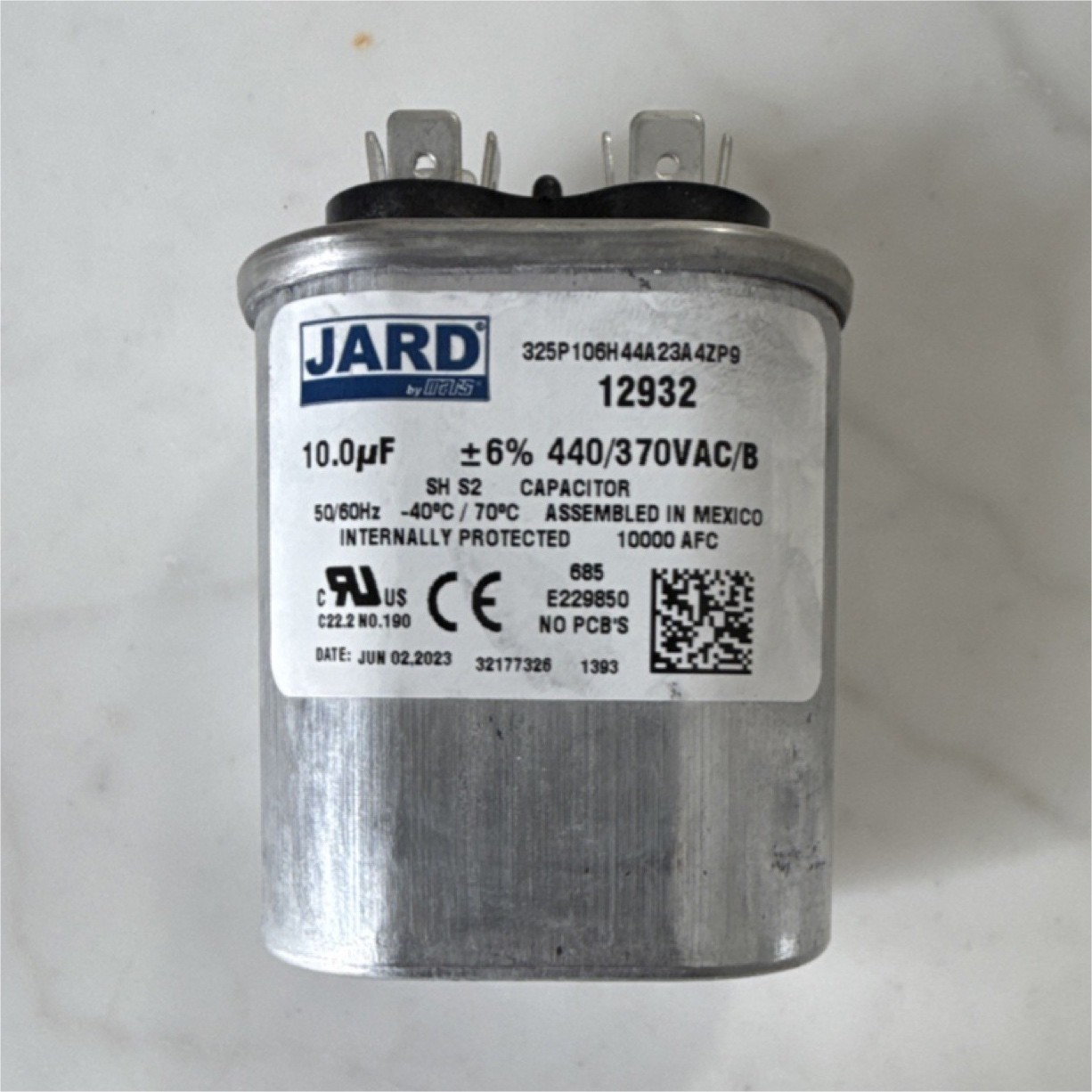 JARD Motor Run Capacitor 12932 325P106H44A23A4ZP9 10.0 MFD 440/370VAC Oval 2023