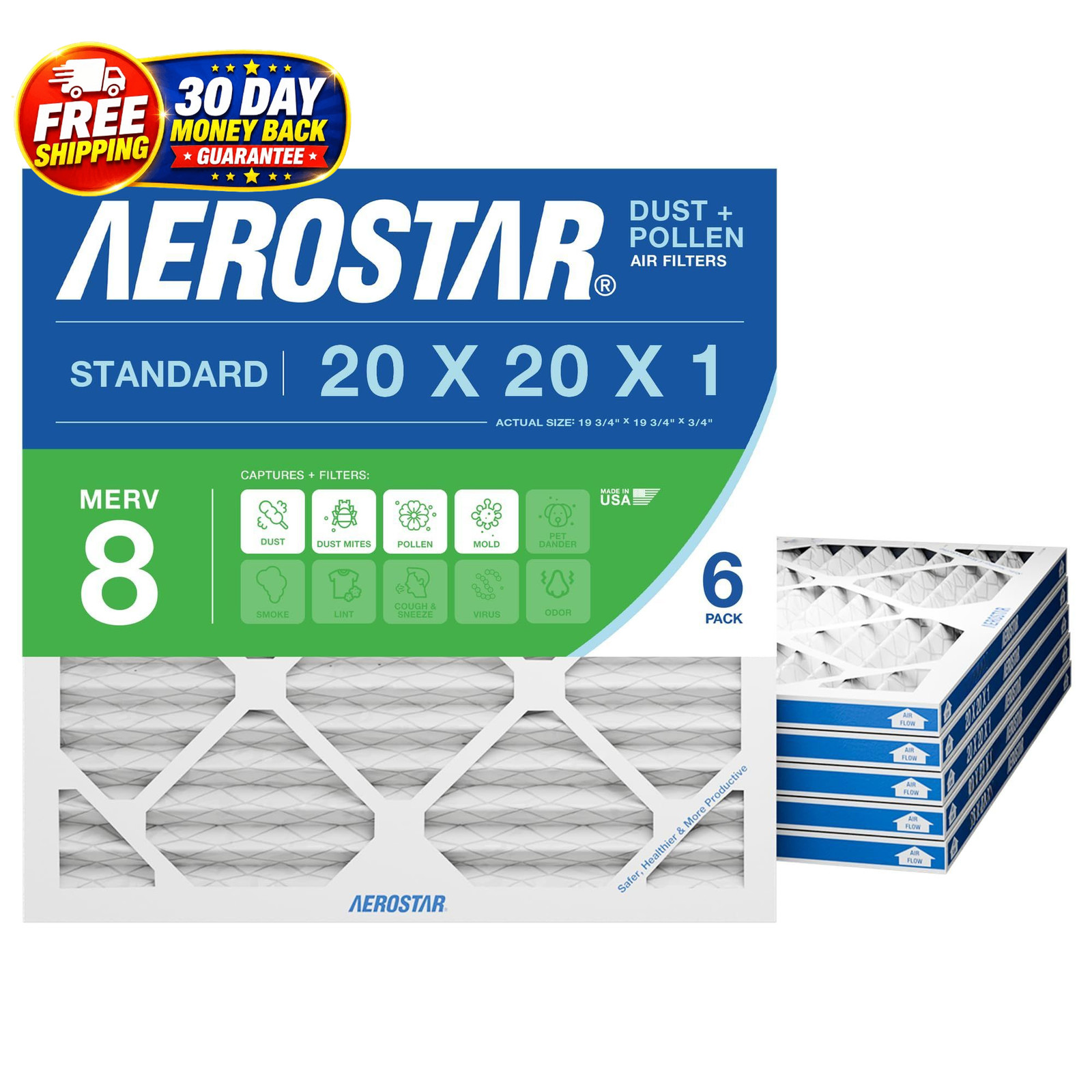 20x20x1 MERV 8 Air Filter, 6 Count, ACTUAL SIZE (19.75 6 PACK, White