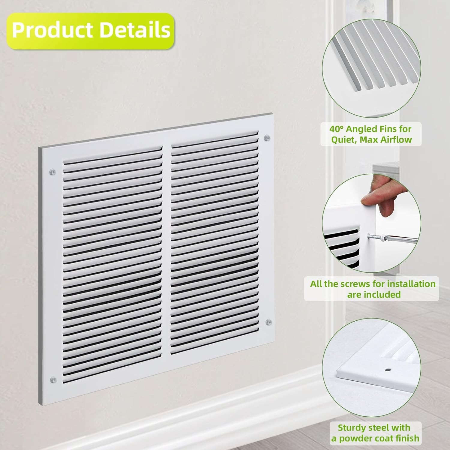 White Return Air Grille for 24″W x 12″H Duct Opening Steel Vent Cover