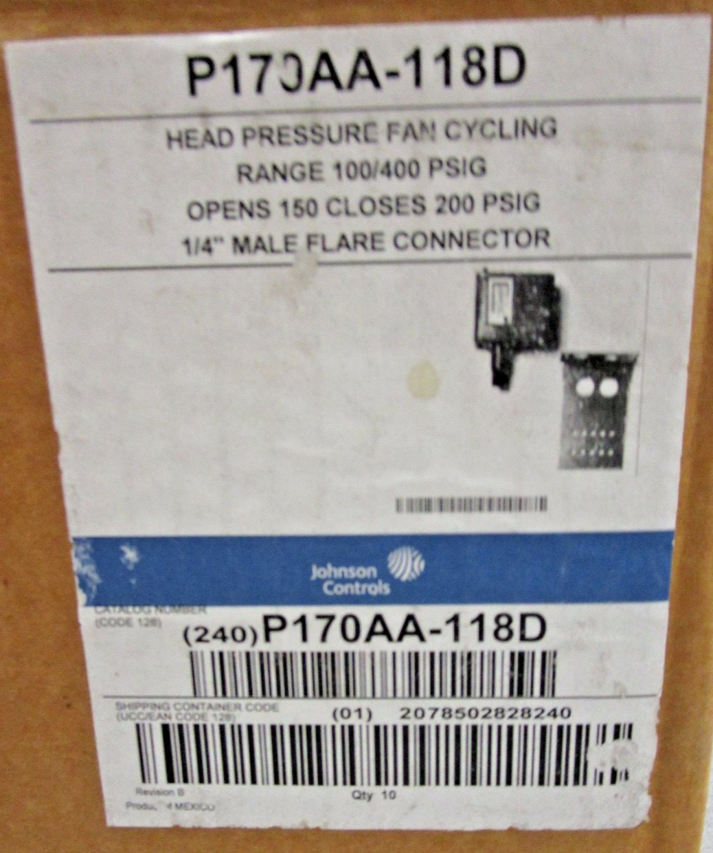 JOHNSON CONTROLS PRESSURE FAN CYCLING CONTROL #P170AA-118D – NEW IN BOX