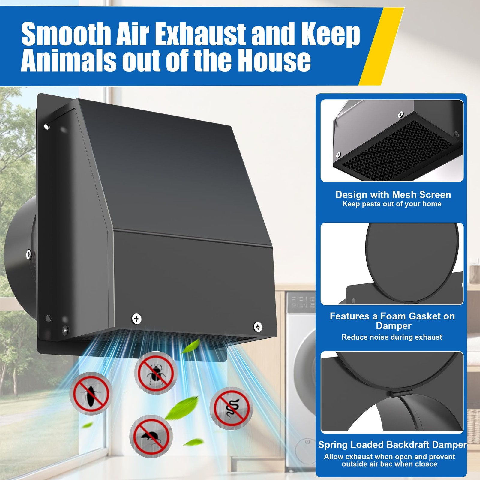 4 Inch Dryer Vent Cover Outside, Hooded Wall with 4 inch-Style 2, Black