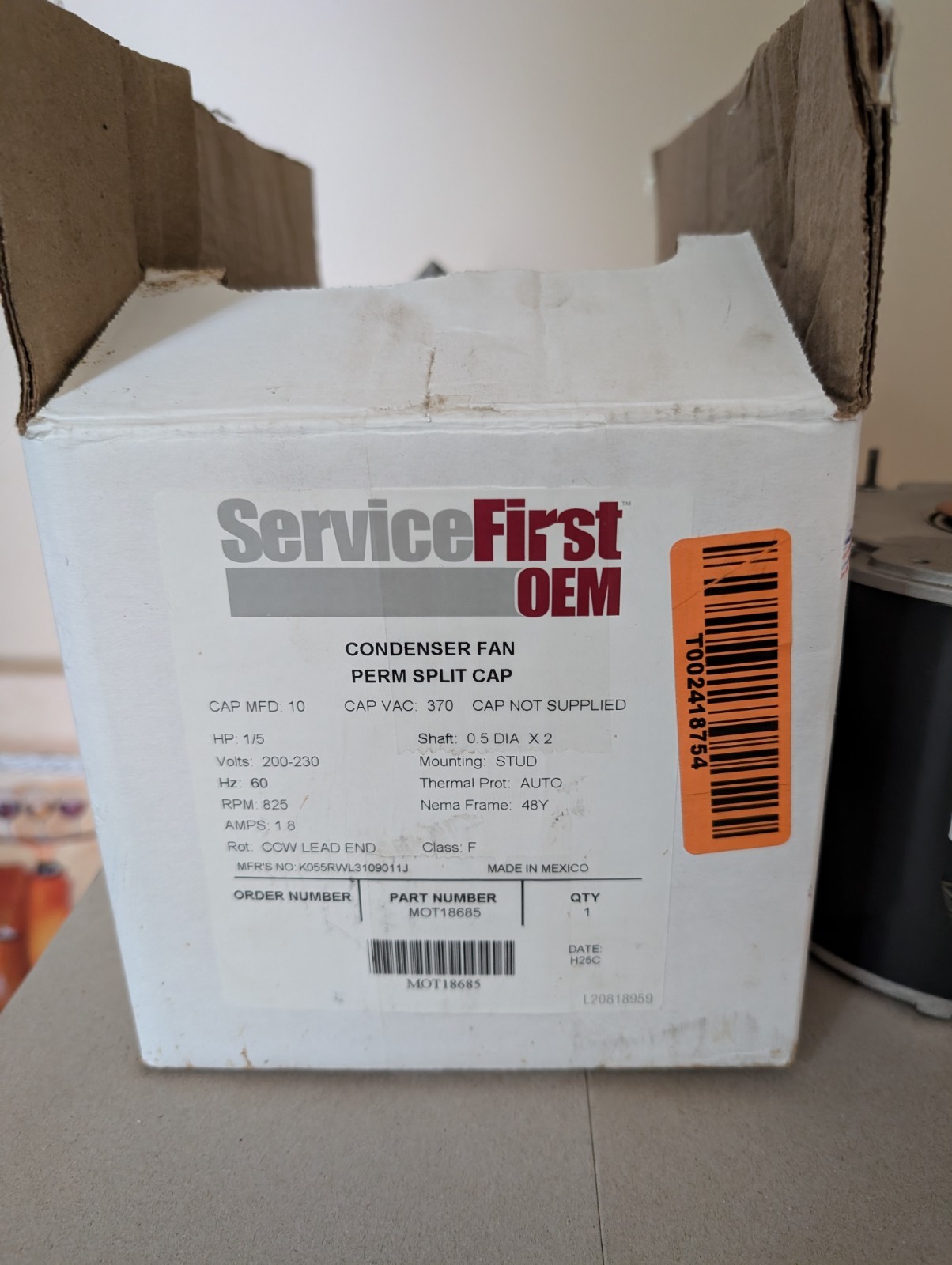 Service First OEM MOT18685 Condenser Fan Motor K55HXRWL-3109 1/5 HP 825 RPM 200-