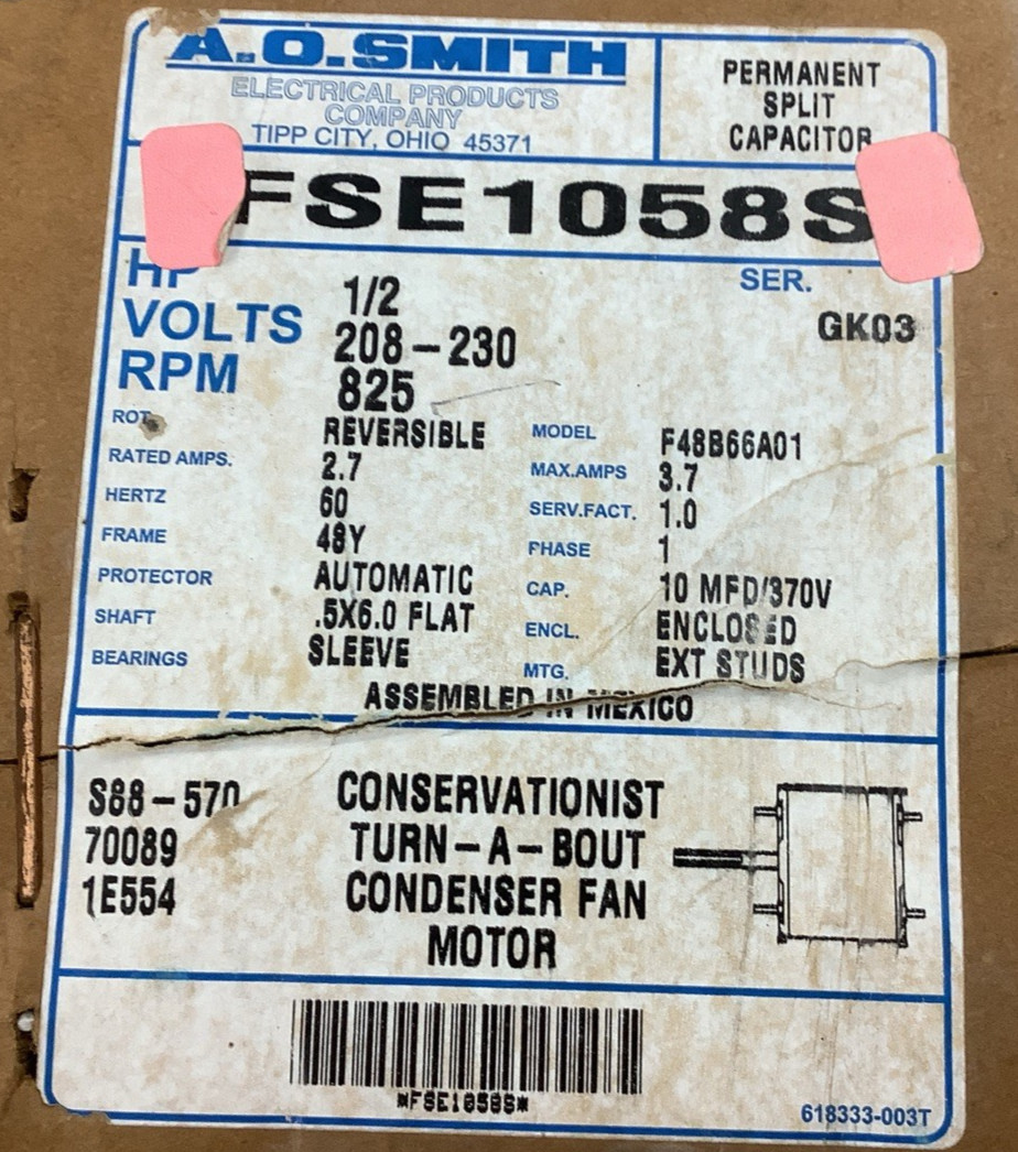A.O. Smith FSE1058S Sleeve Bearing Condenser Fan Motor 1/2HP, 825RPM (R35)