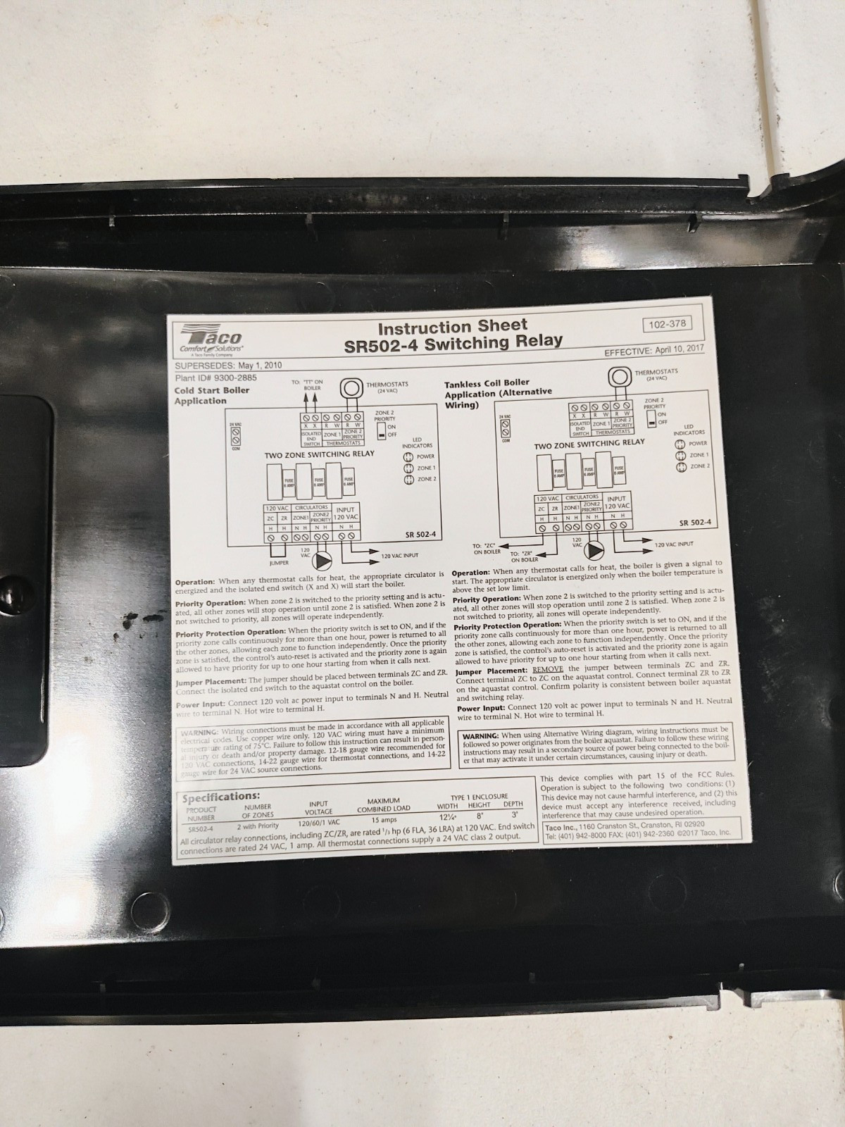 Taco SR502-4 Switching Relay 2-Zone 120VAC 15A
