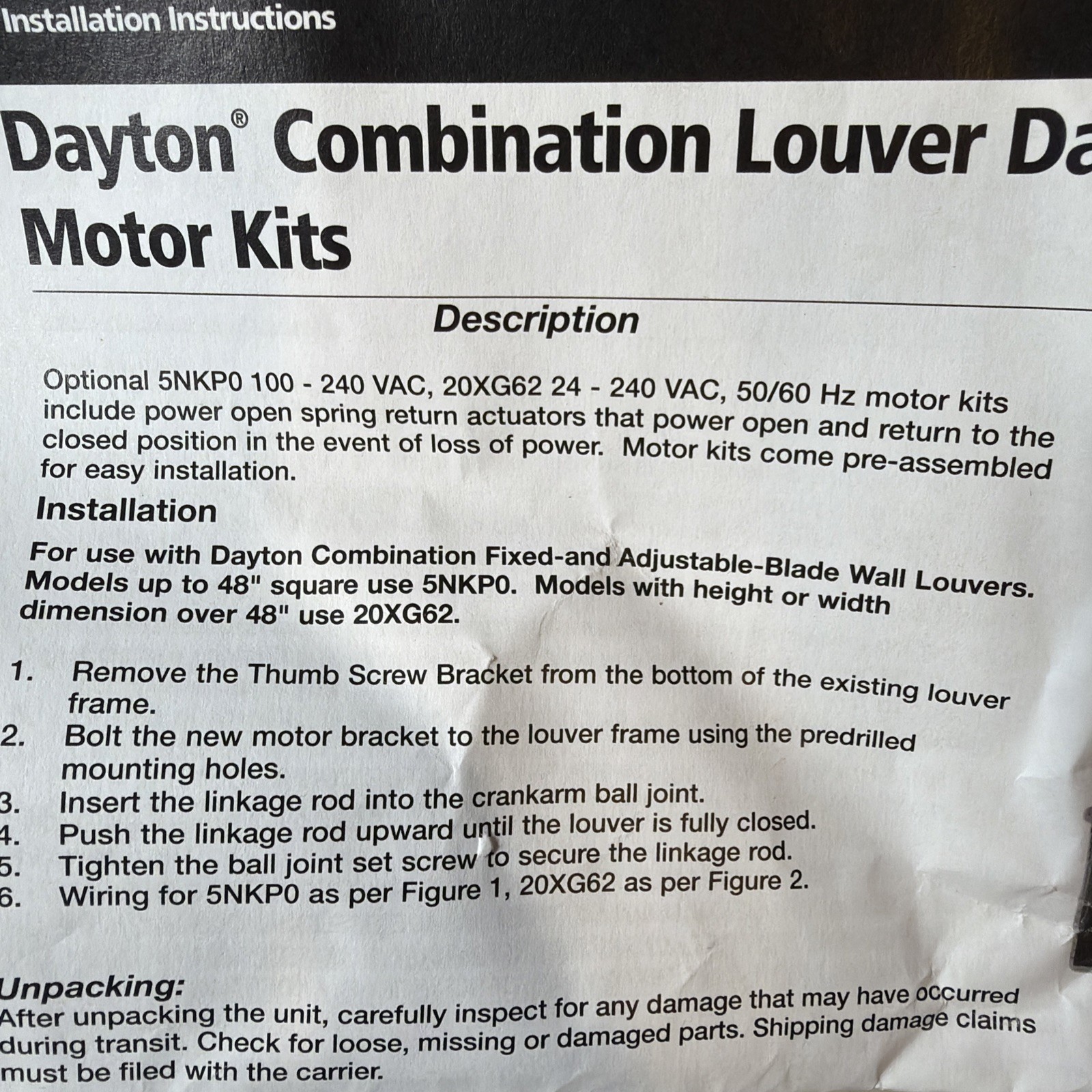 Dayton 5NKP0 Louver Damper Motor Kit, NEW