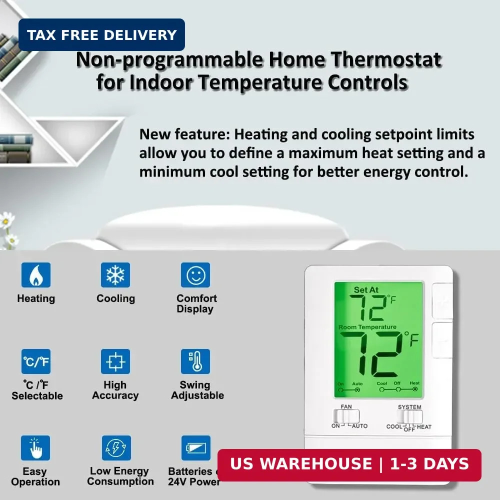 Digital Non-Programmable Thermostat for Home Single-Stage Systems, 1 Heat/1 Cool