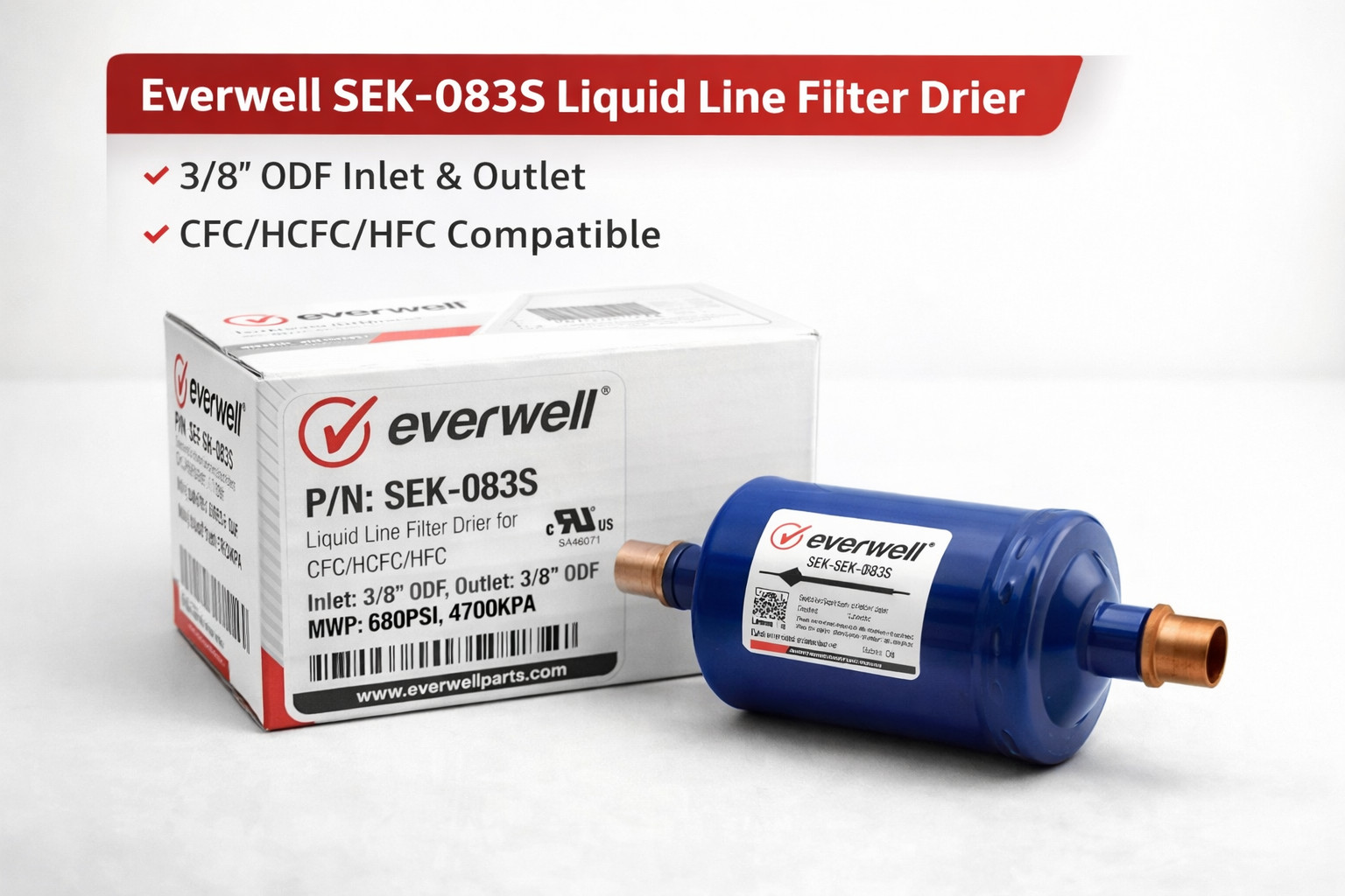 SEK-083S Liquid Line Filter Drier – 3/8″ ODF, High Efficiency HVAC Refrigeration