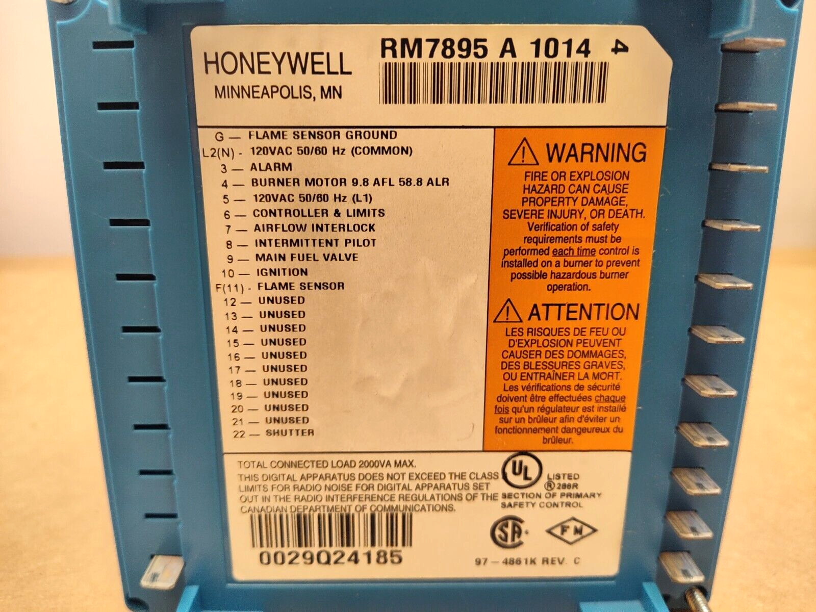 Honeywell On-Off Primary Control with PrePurge – In Burner Control RM7895 A 1014
