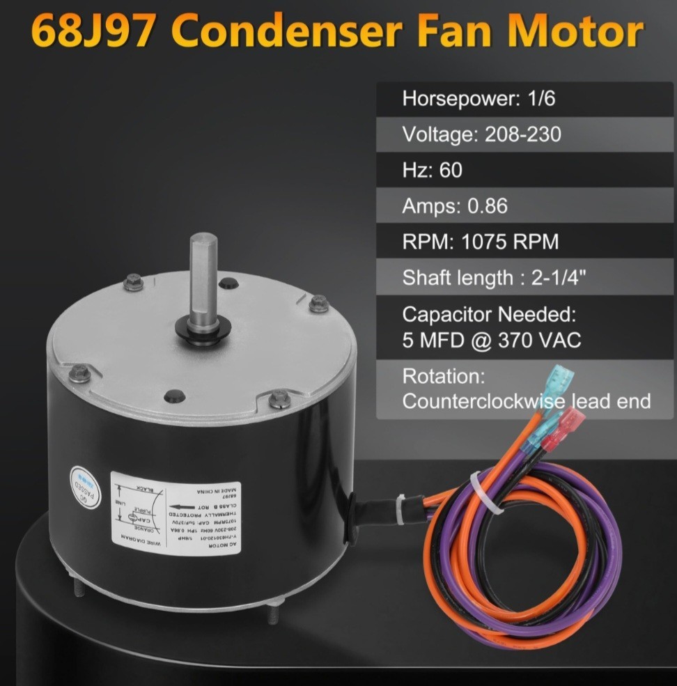 68J97 Condenser Fan Motor for Lennox 1075 RPM 208-230 Volts 1/6 HP