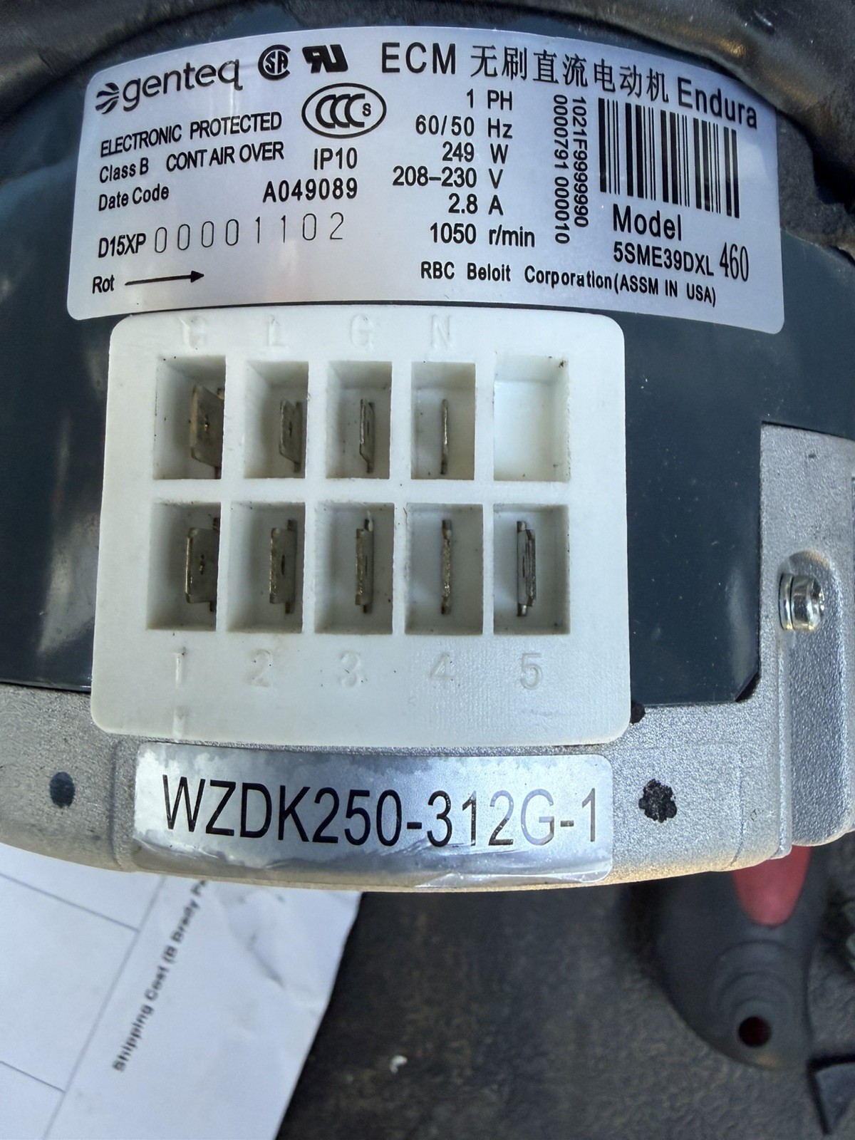 1/3 HP Broad-Ocean Blower Motor WZDK250-312G CWLE 1050 RPM 208-230V