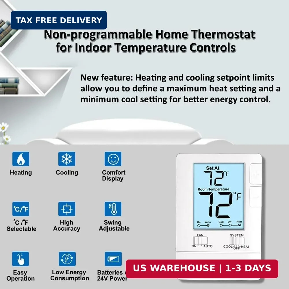 Thermostat for Home Non-Programmable Single-Stage Systems, 1 Heat/1 Cool, Easy D