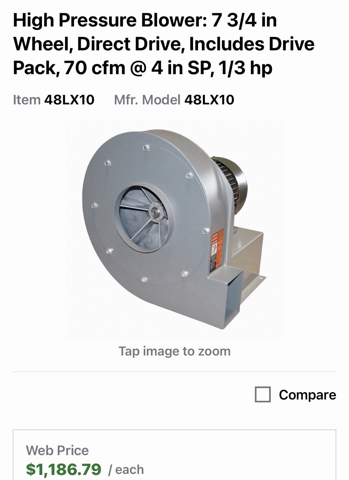 Dayton 48Lx10 High Pressure Blower,7-3/4 In Wheel Dia. 48LX10 Minor Scuff Dent