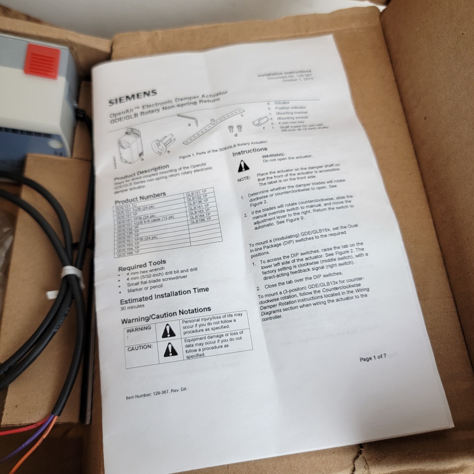 SIEMENS GDE131.1P Open Air Electronic Damper Actuator 44″ lb. 3P