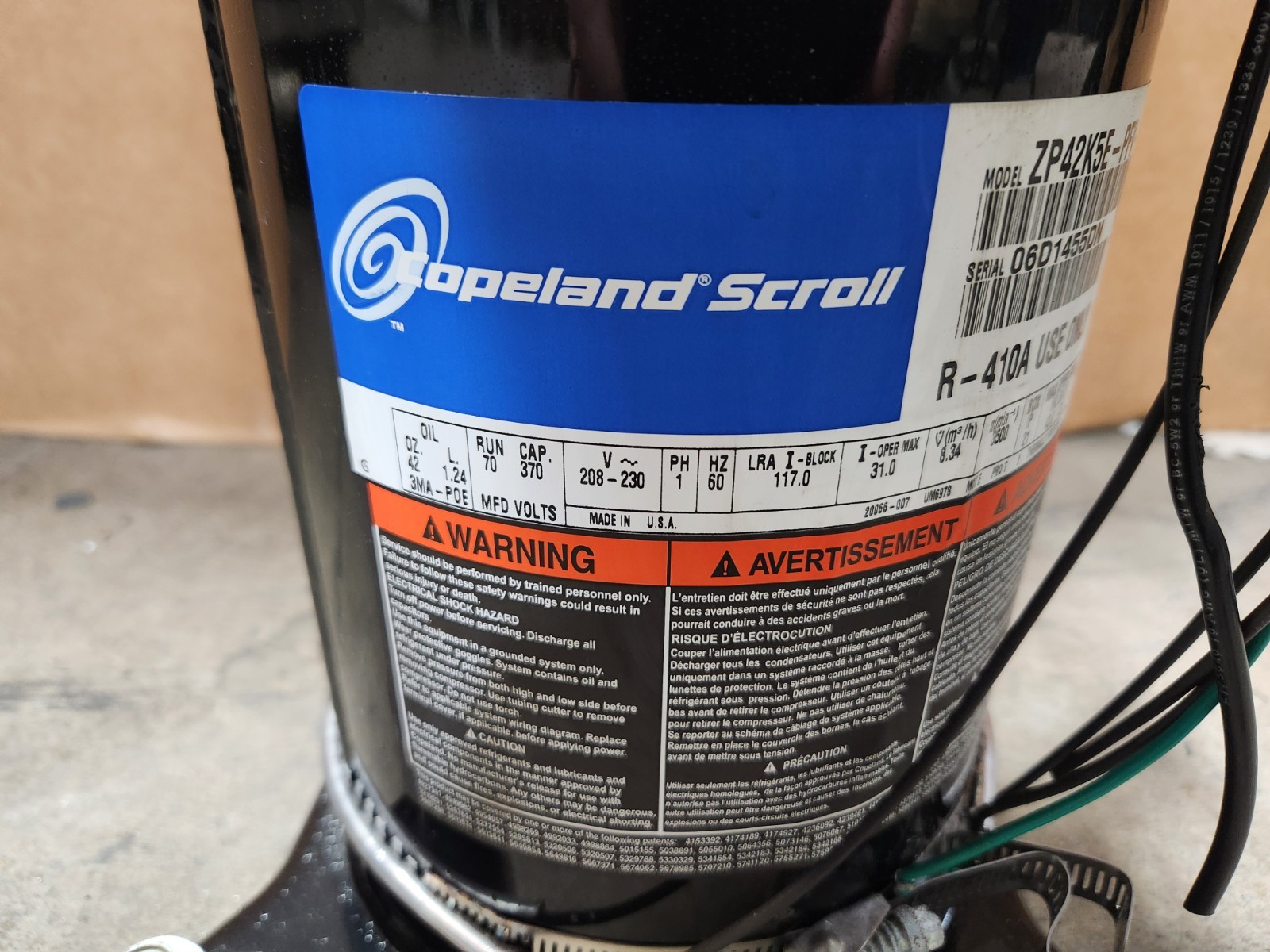 Copeland Scroll 3.5-TON 42k BTU 208/230V AC Compressor ZP42K5E-PFV-130 NEW PULL