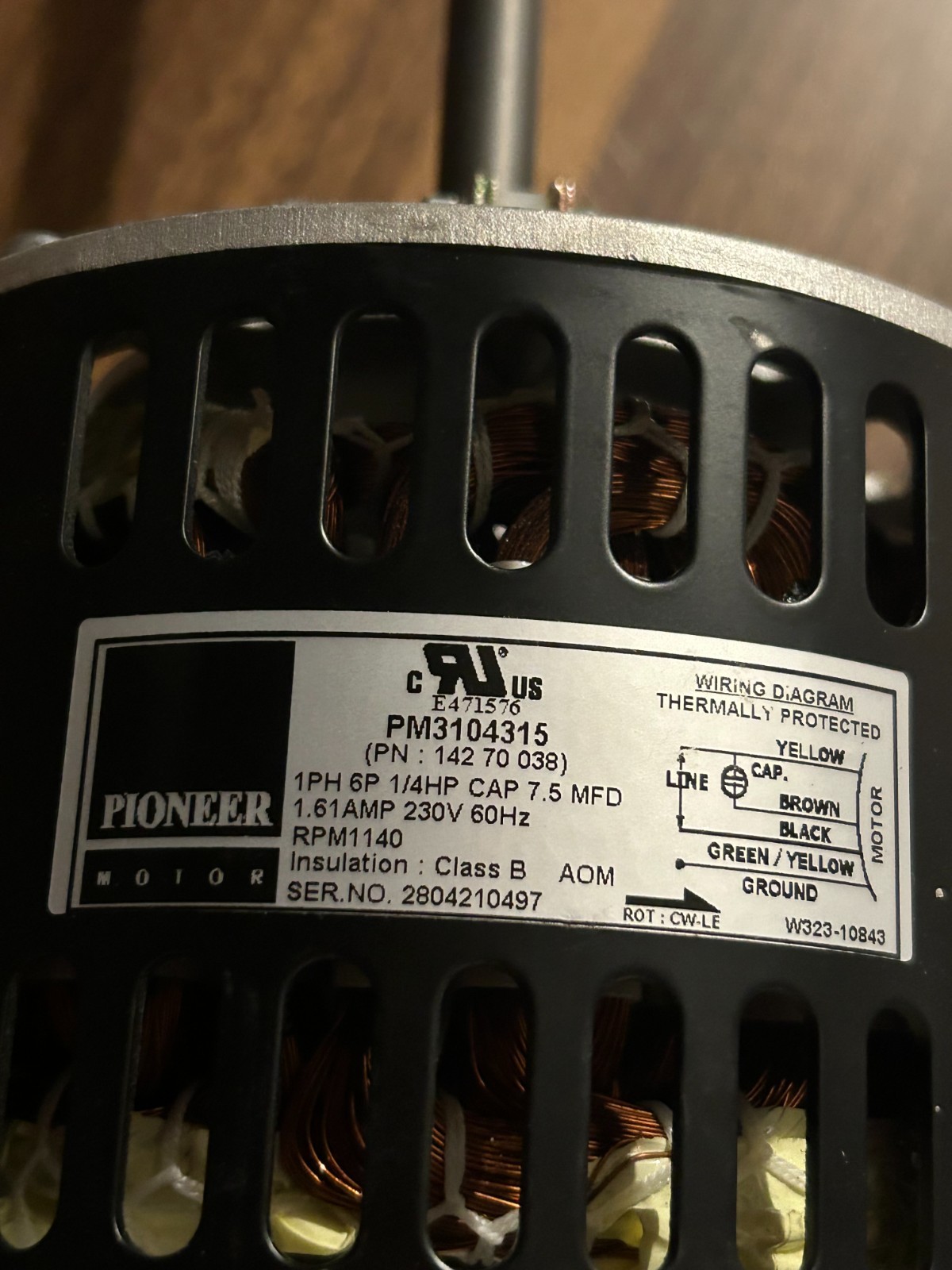 Pioneer 1/4 HP BLOWER MOTOR PM3104315 230 V, 1140 RPM Great shape! Class B