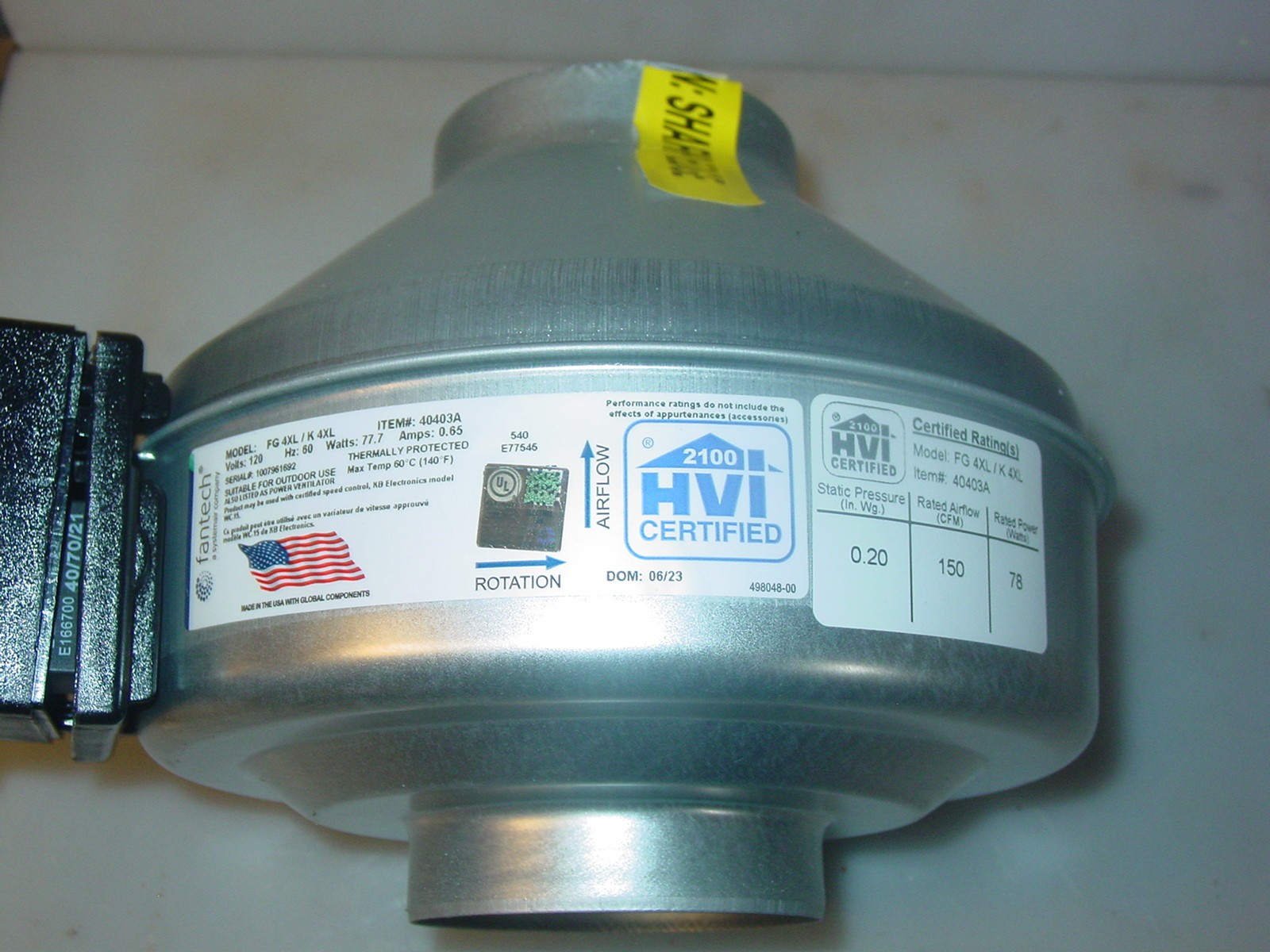 Fantech, model: FG 4XL Inline 4″ Centrifugal Duct Fan Metal Housing 170 CFM 120V