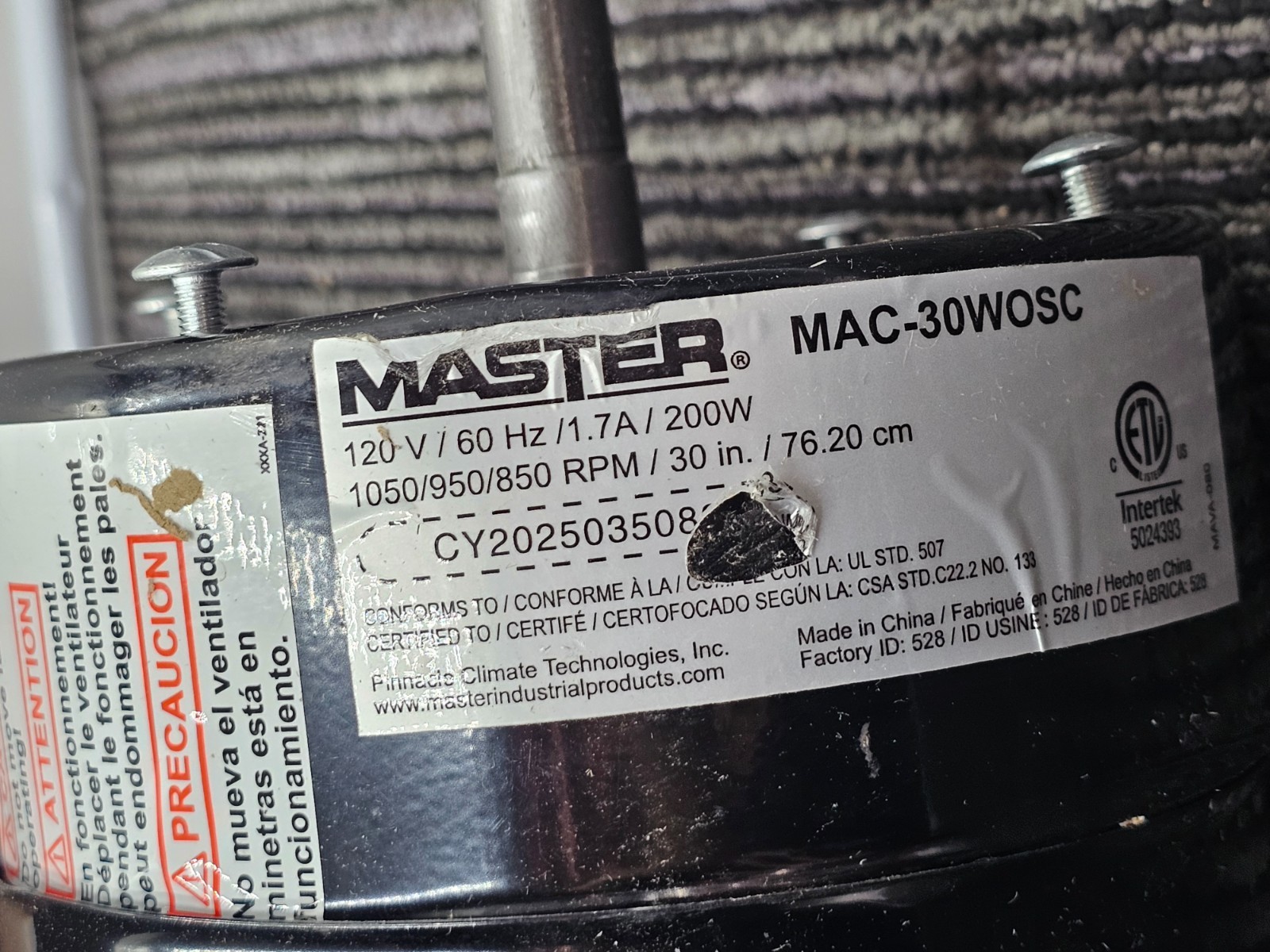 Master MAC-30WOSC 120V Wall Mount Replacement Fan Motor 120V 60Hz 1.7A 200W