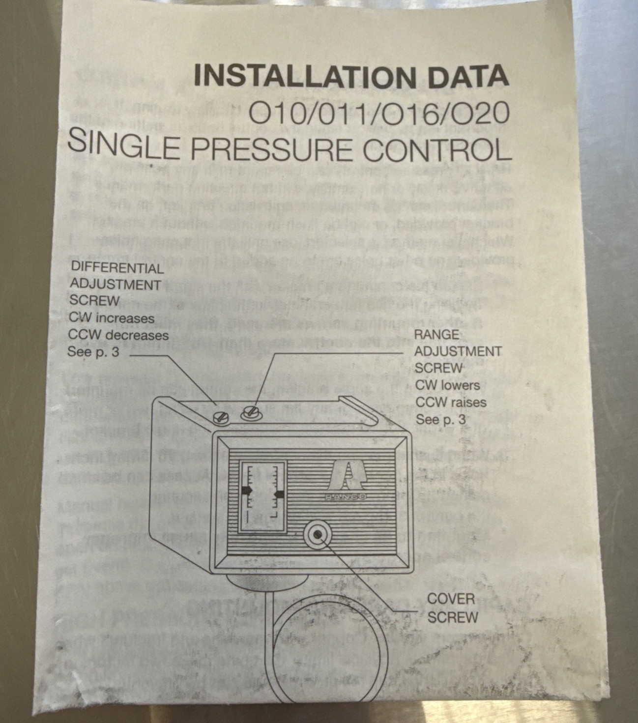 Ranco O10-1483 Single Pressure Control Low Limit, Auto Reset, 10 in Hg – 100 psi