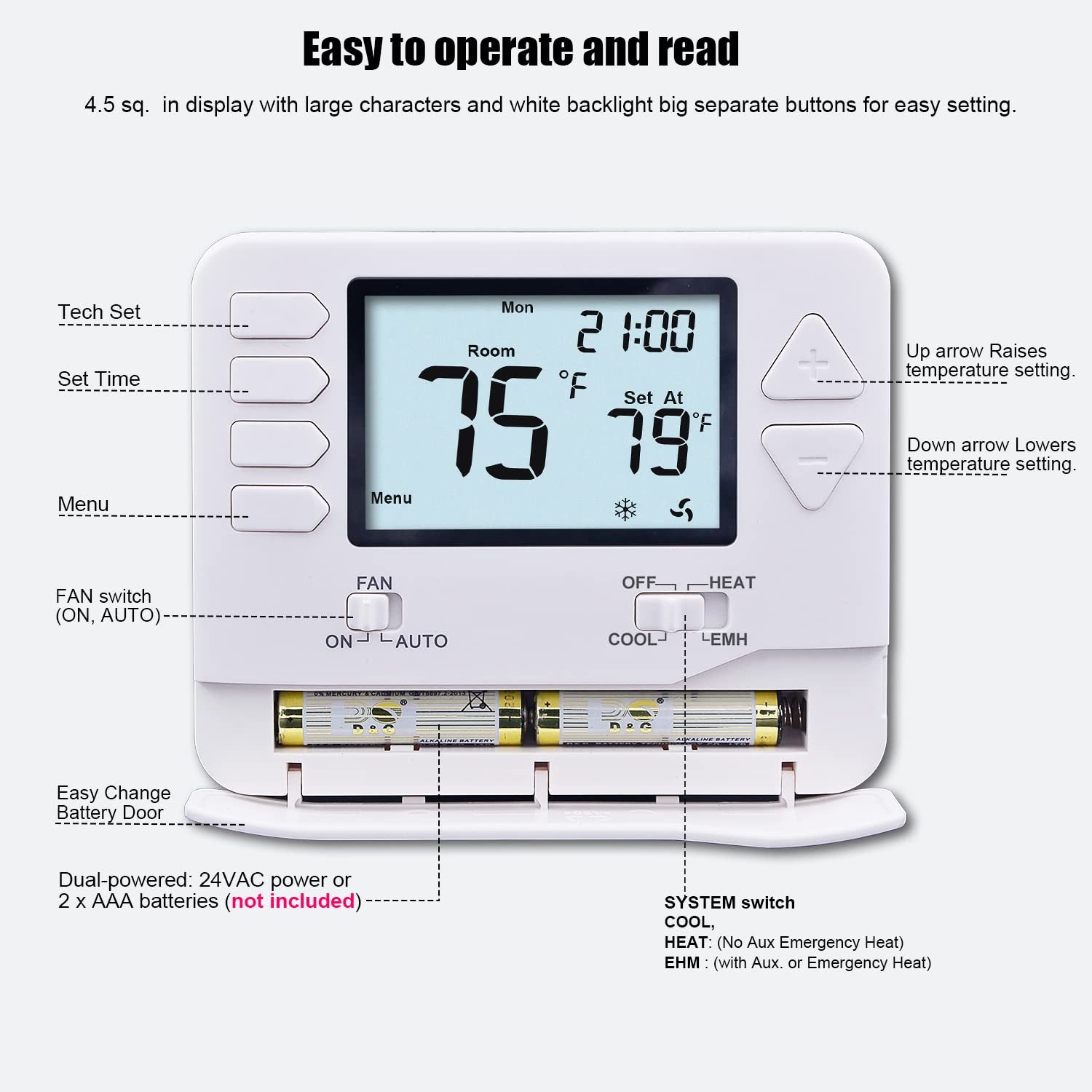 Heagstat H721 Non-Programmable Heat Pump Thermostat 2 Heat/1 Cool 4.5 Sq. Inch