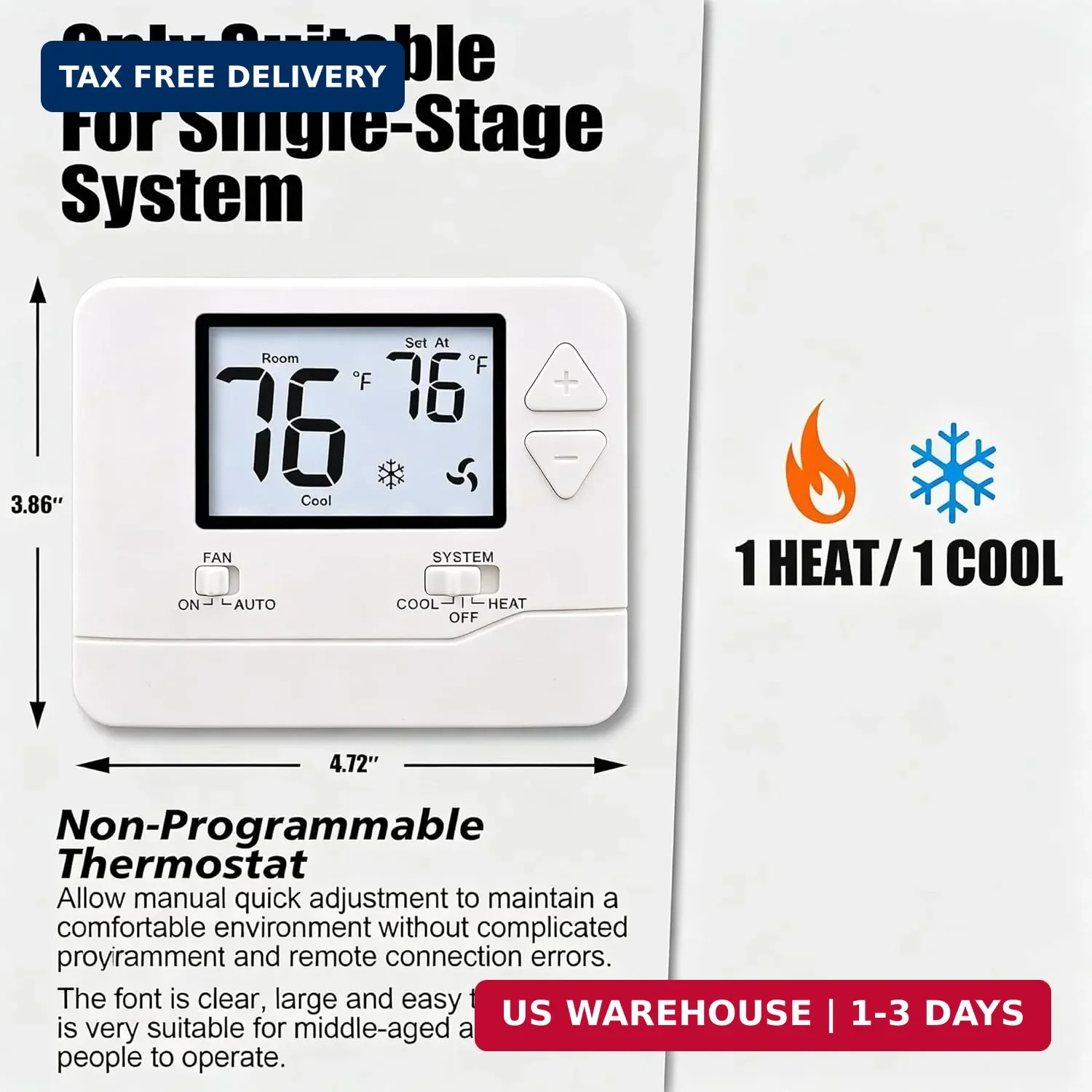 Heagstat 1H/1C Non-Programmable Thermostat for Home Single-Stage System | Separa