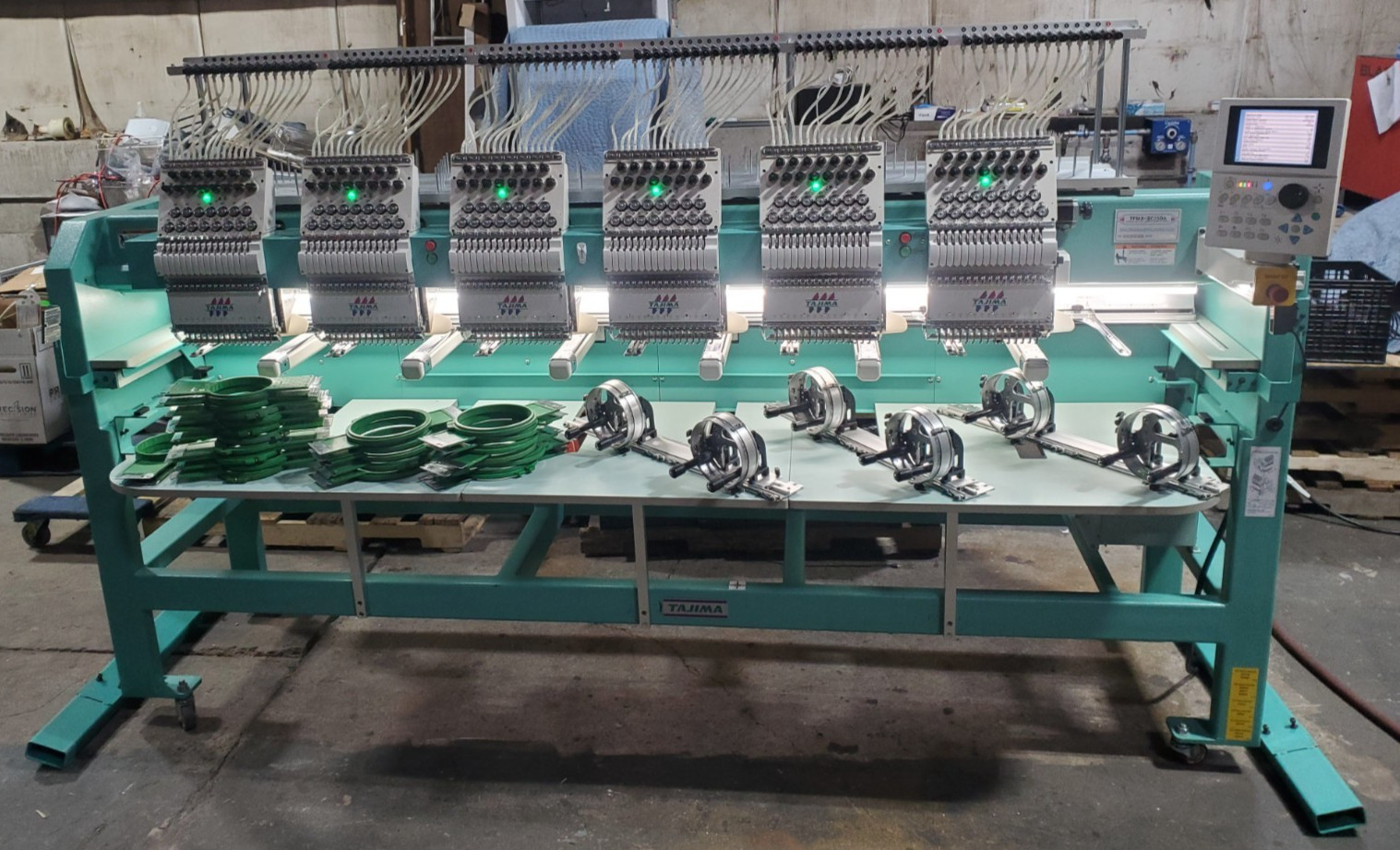 TAJIMA TFMX-IIC1506 6-Head 15 Needle Embroidery Machine 23x Hoops 3x Cap Drivers