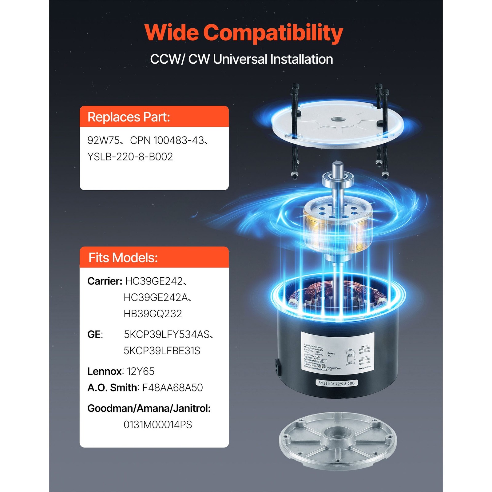 Condenser Fan Motor with Capacitor, 1/4HP 825RPM 208-230V, Compatible