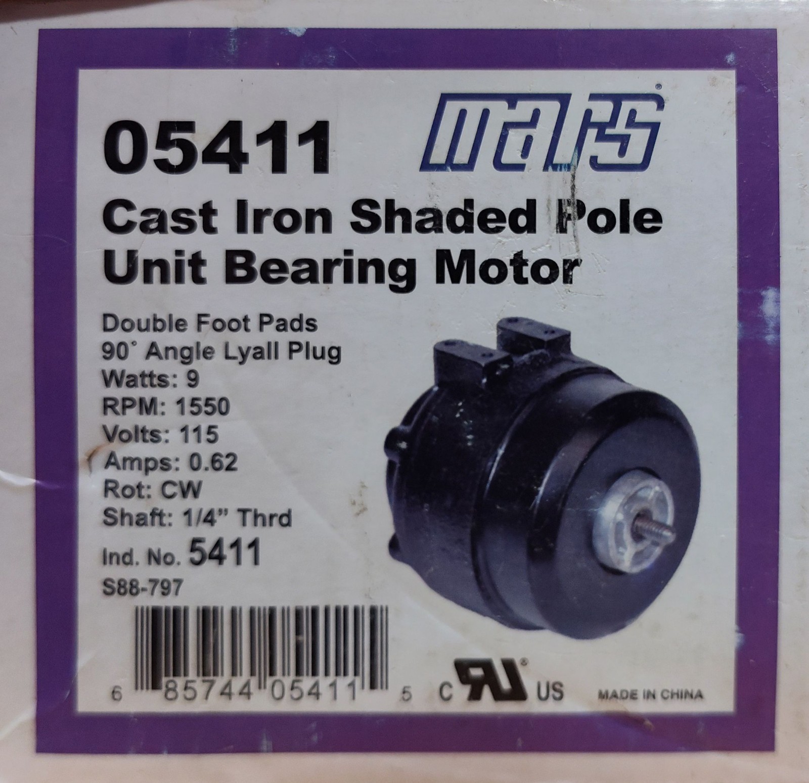 Mars 05411 ~ Cast Iron Shaded Pole Unit Bearing Motor ~ 9 Watt 115V 1550RPM 1/4″