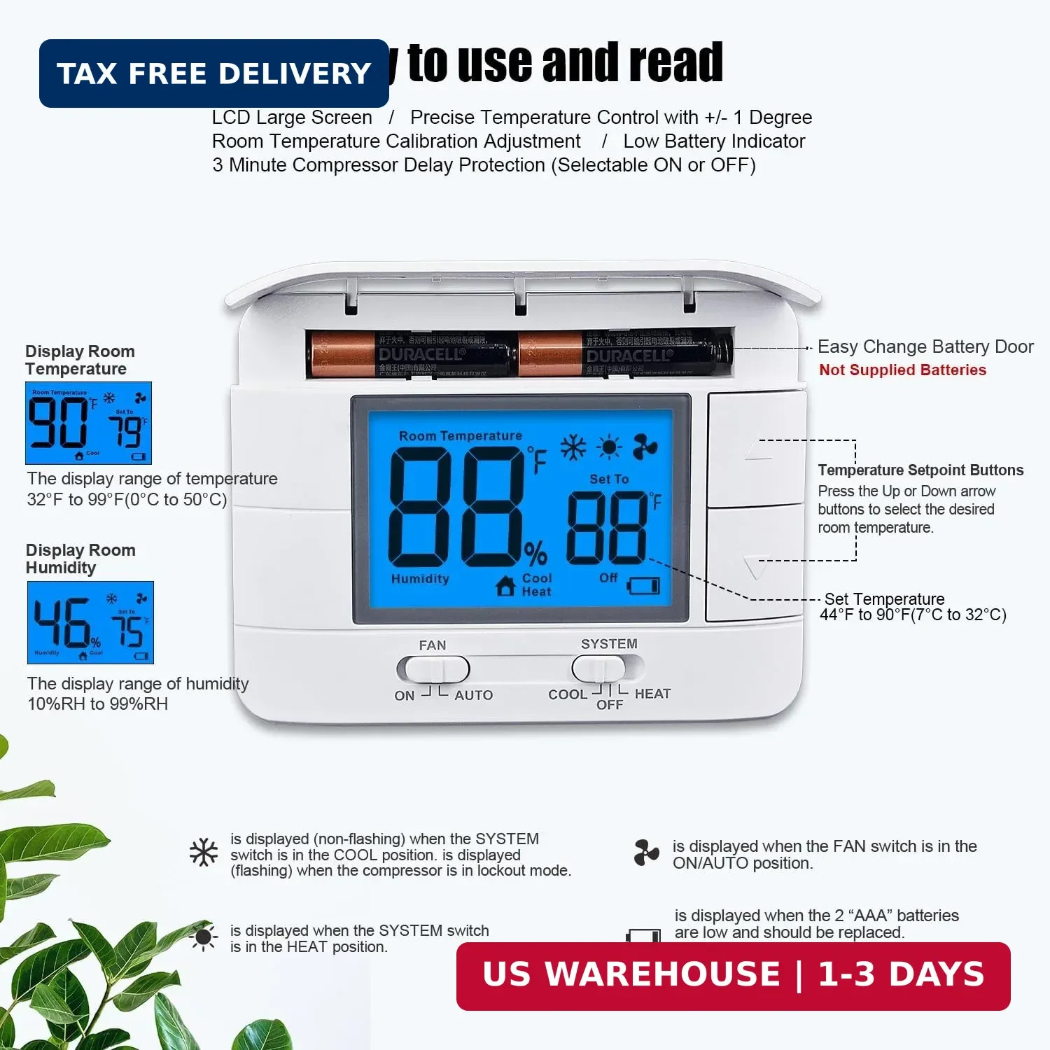 Non Programmable Thermostat for Home – Single Stage 1H/1C, with Room Temperature