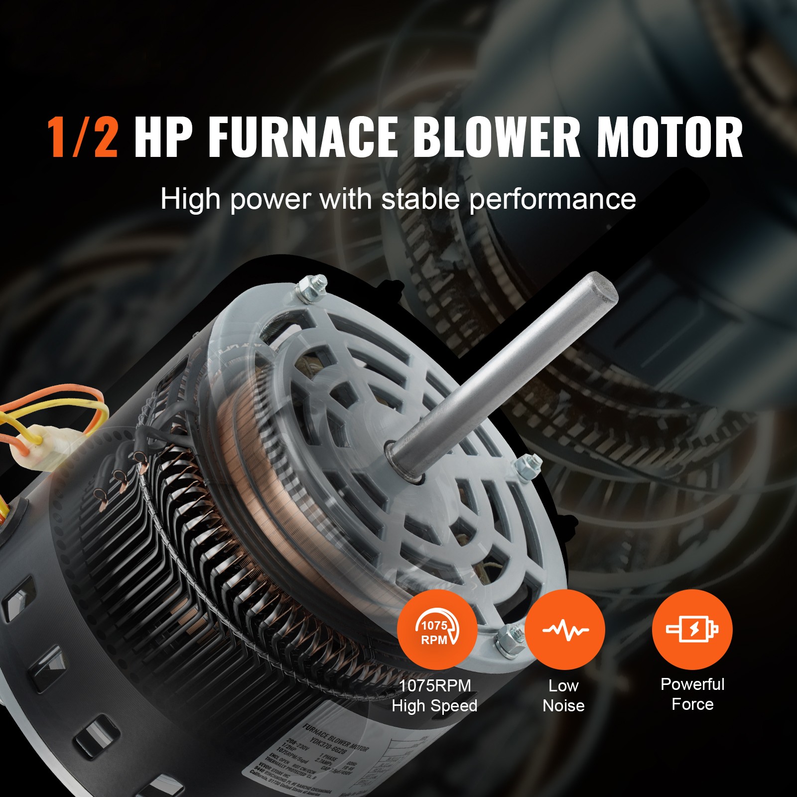VEVOR 1/2HP Furnace Blower Motor 208-230V 2.7A 1075RPM 5 Speeds 48 Frame 1 Phase