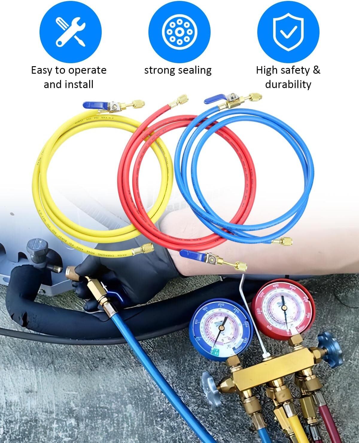 29986 Plus II 72″ Hose 1/4″ Compact Ball Valve End Refrigerant Charging Hose Set