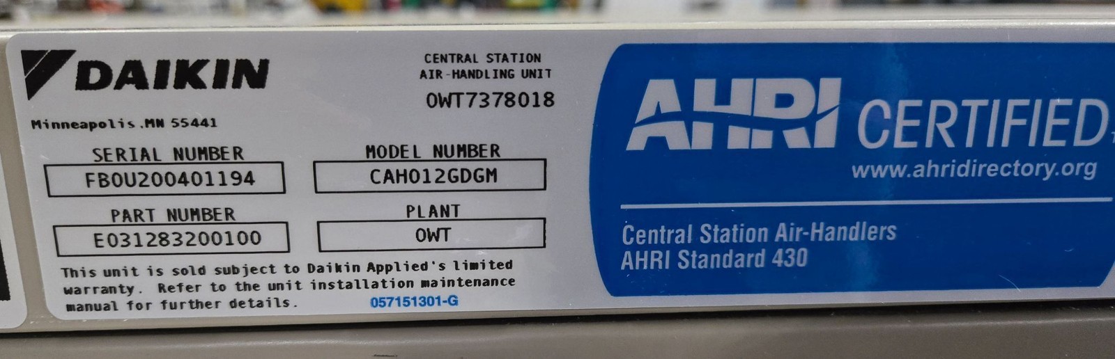 DAIKIN CAH012GDGM Air Handling Unit 10HP 460V 3PH ~4,000-6,000 CFM USED