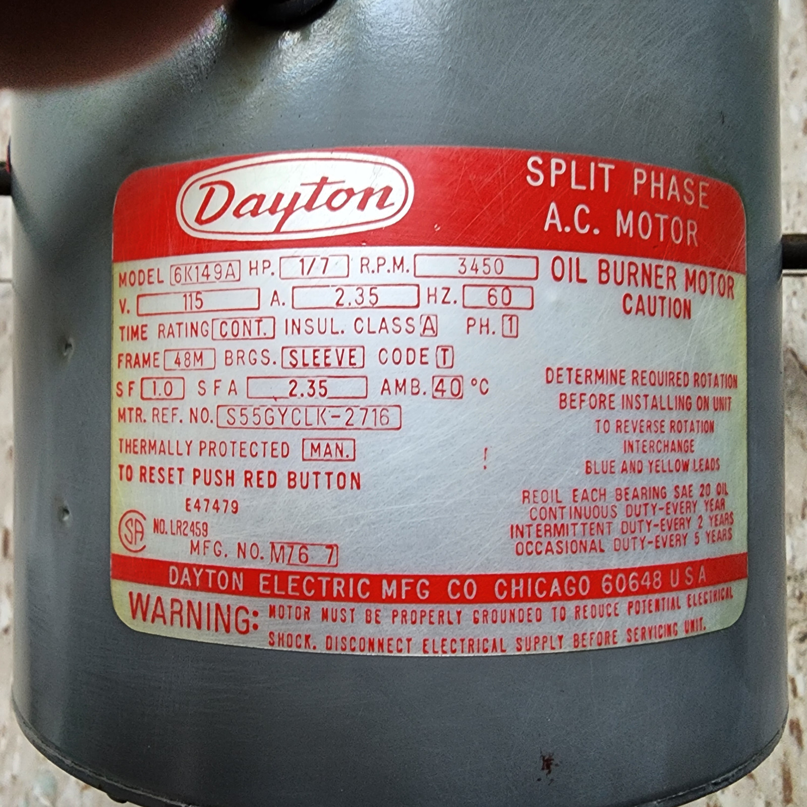 Dayton Motor 6K149C Split Phase Oil Burner Motor 3450rpm 48m Frame 1/7hp