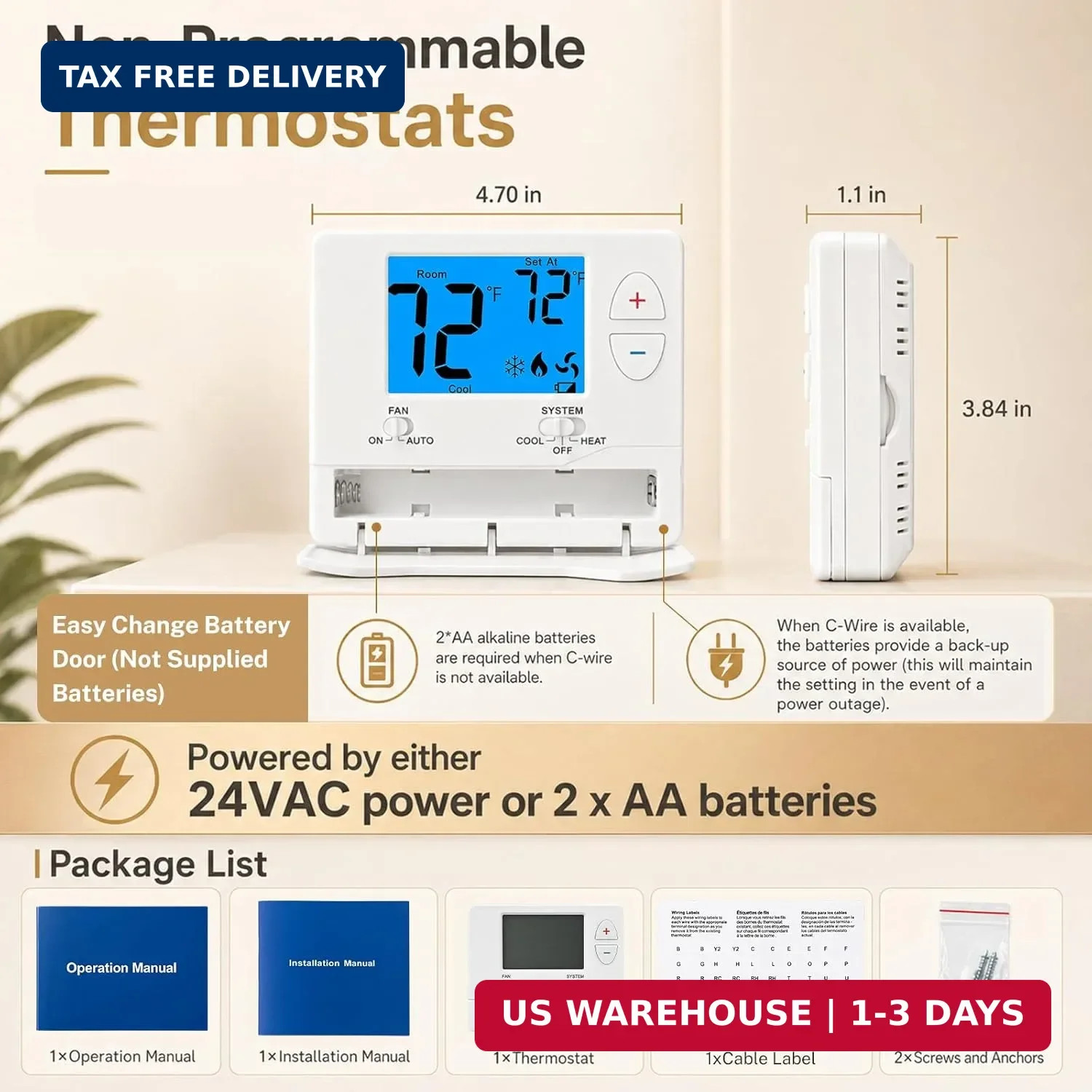 Non-Programmable Thermostats for Home Conventional Single-Stage Heating Cooling