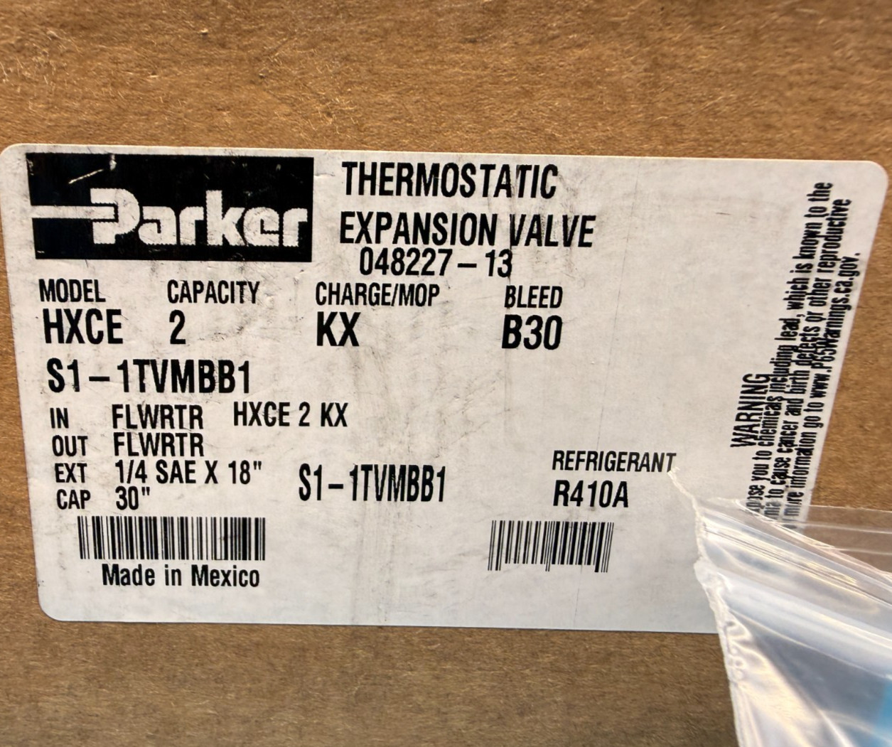 Parker S1-1TVMBB1 TXV Thermostatic Expansion Valve HXCE 2 KX B30 R410A