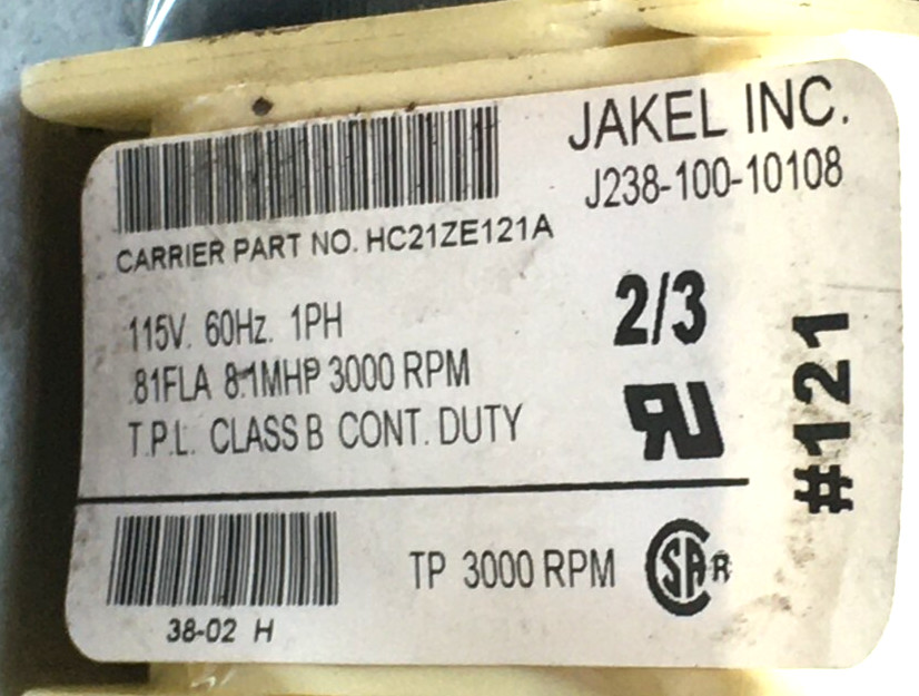 JAKEL J238-100-10108 Draft Inducer Blower Motor HC21ZE121A used refurb #RMA137A
