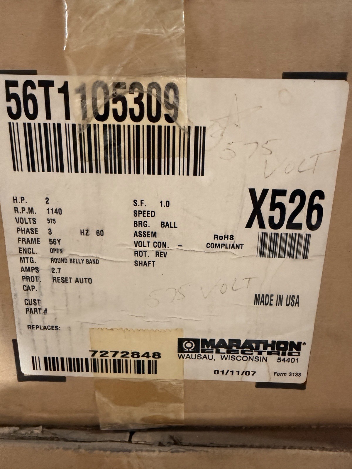 X526 Marathon 2 hp 3-phase 575V 1075 RPM OPAO 56Y Frame Condenser Fan Motor