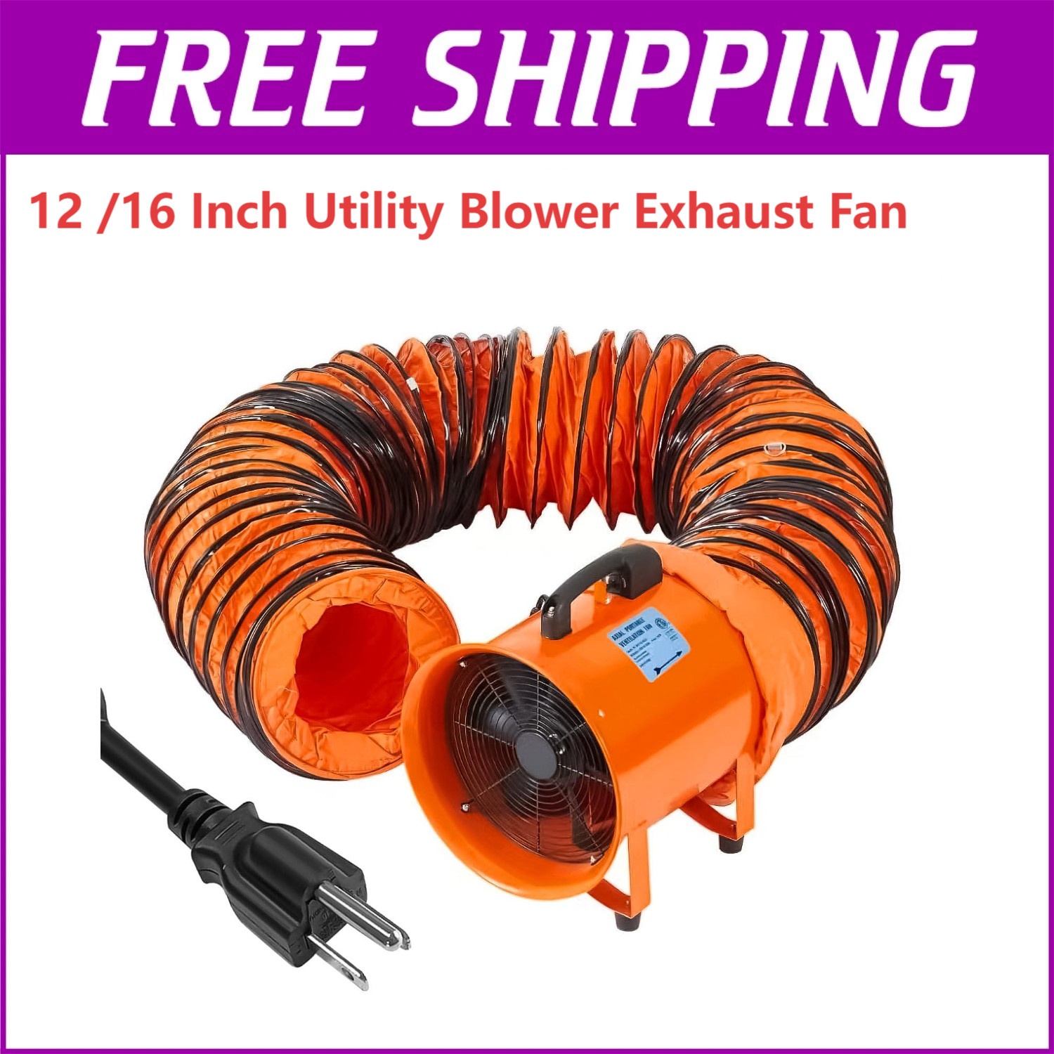 12″/16″ Utility Blower Fan Ventilator Exhaust Fan 16.4/32.8ft Duct Hose 3500 CFM