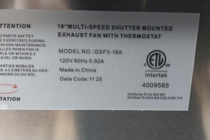 Canarm GSF3-18A 1/15 HP 120VAC 18 In Blade Diameter Galvanized Shutter Fan