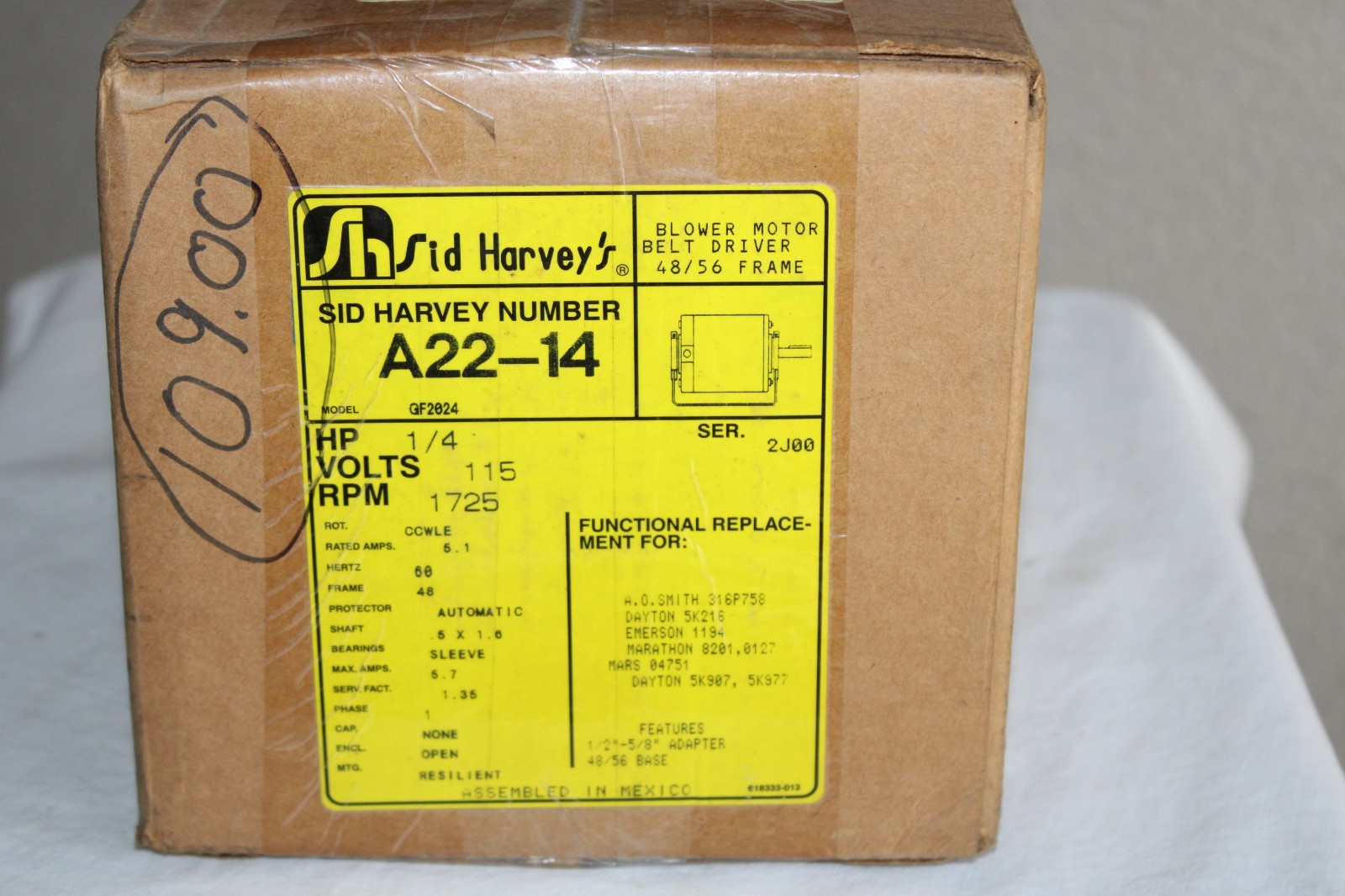 NOS Sid Harvey A22-14 Motor Ball Bearing 1/4 HP 1725 RPM 115 VAC FREE SHIPPING