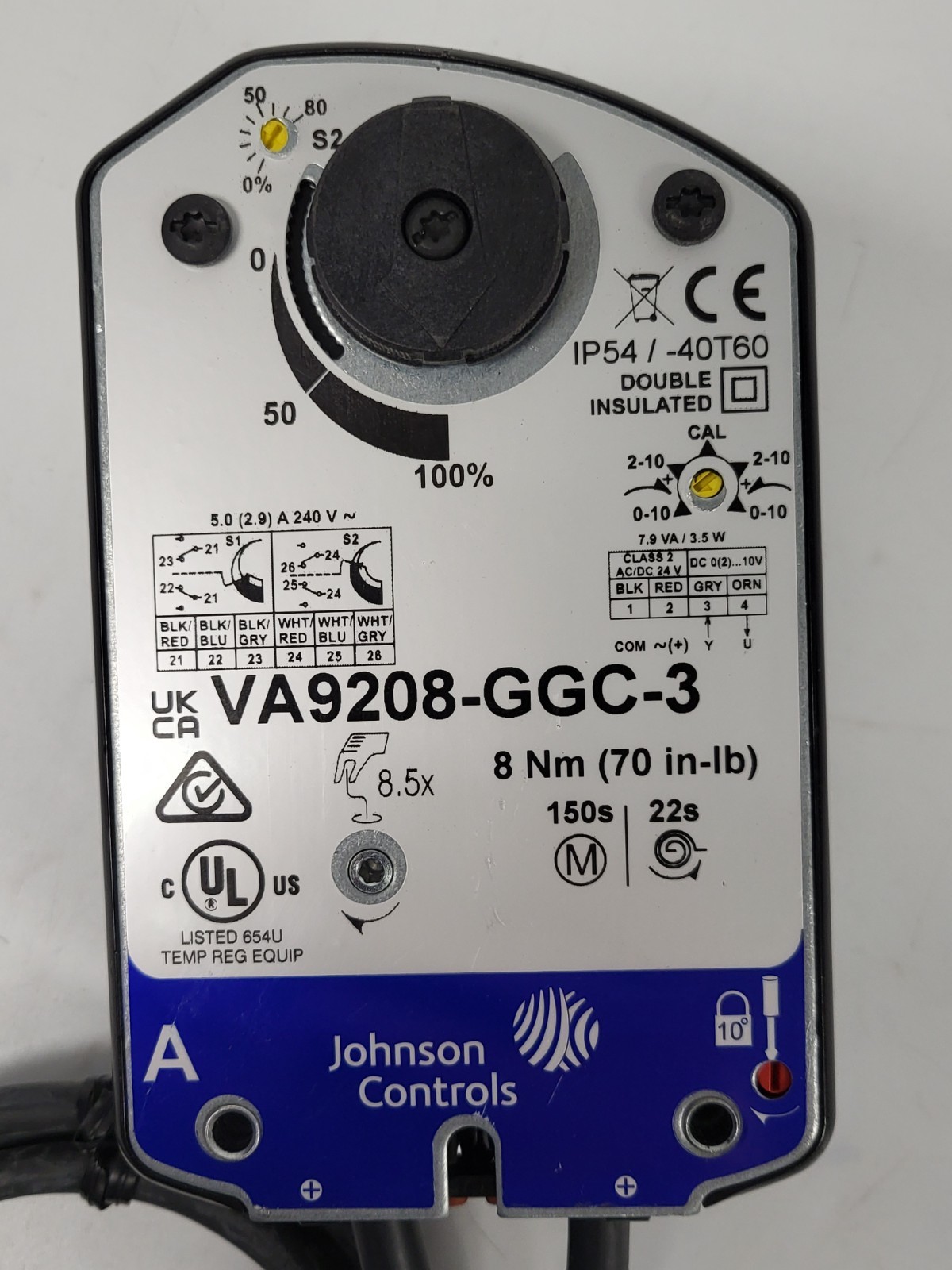 Johnson VA9208-GGC-3 Electric Spring Return Valve Actuator, 24VAC, 70 in-lb
