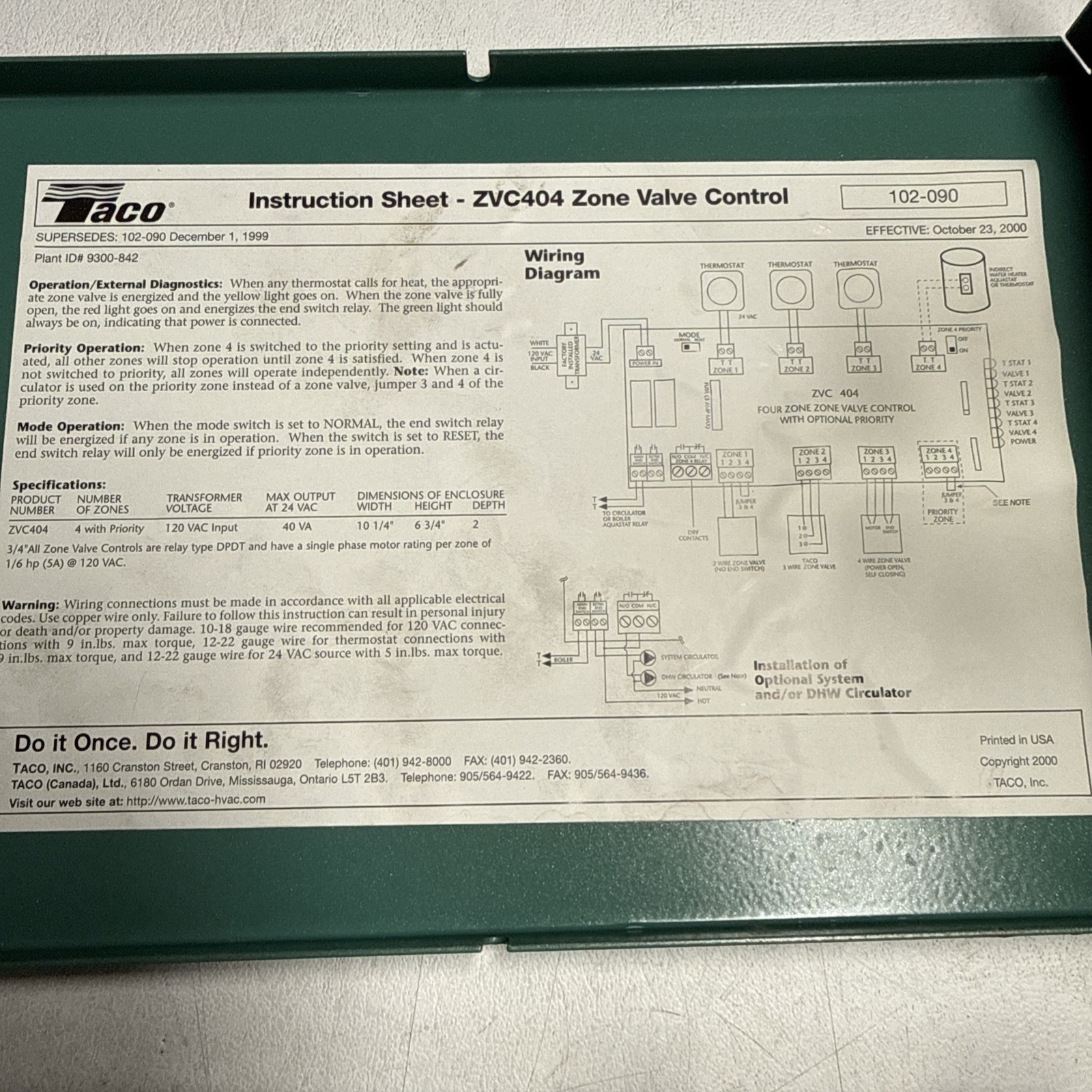 Taco ZVC404 4-Zone Valve Control System