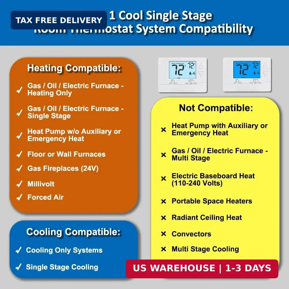 Thermostat for Home Non-Programmable Single-Stage Systems,1 Heat / 1 Cool,Easy D