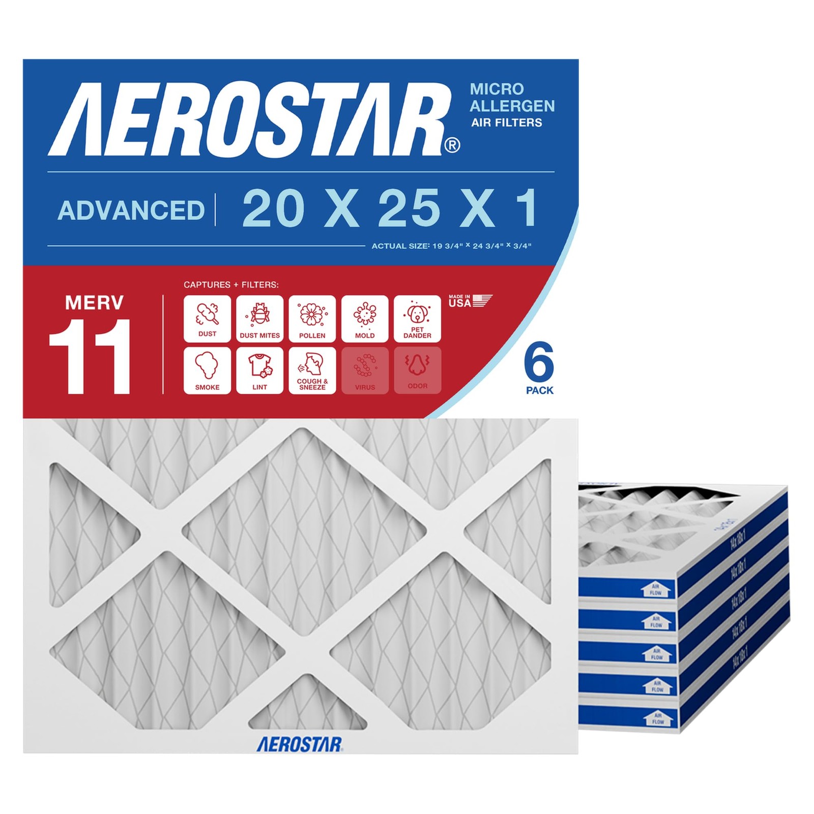 Aerostar 20x25x1 MERV 11 Air Filter, 6 Count, ACTUAL SIZE 6 PACK, 11