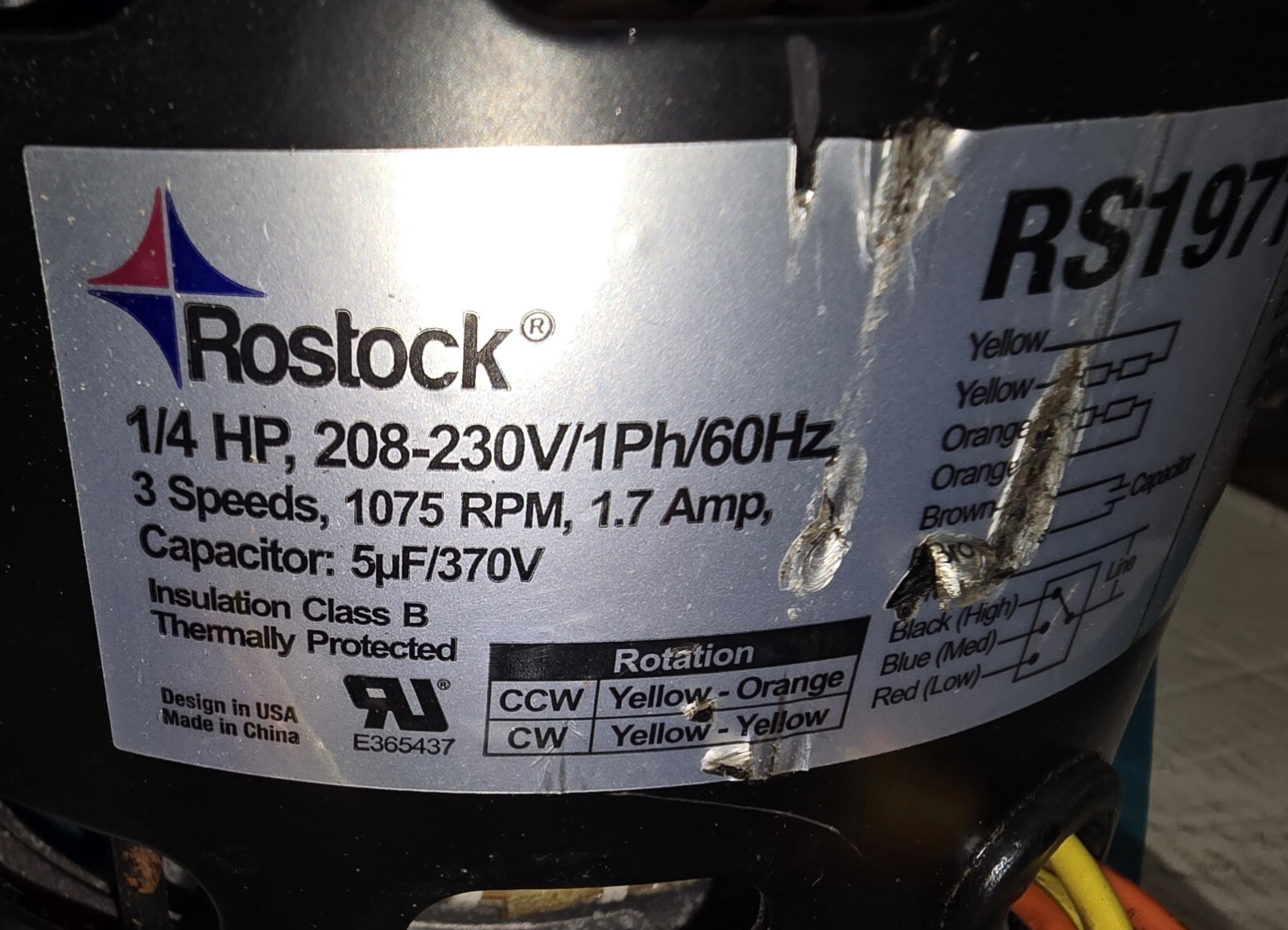 ROSTOCK(US Motors) RS 1971 Direct Drive Blower Motor 208-230V 1/4 HP 1075 RPM